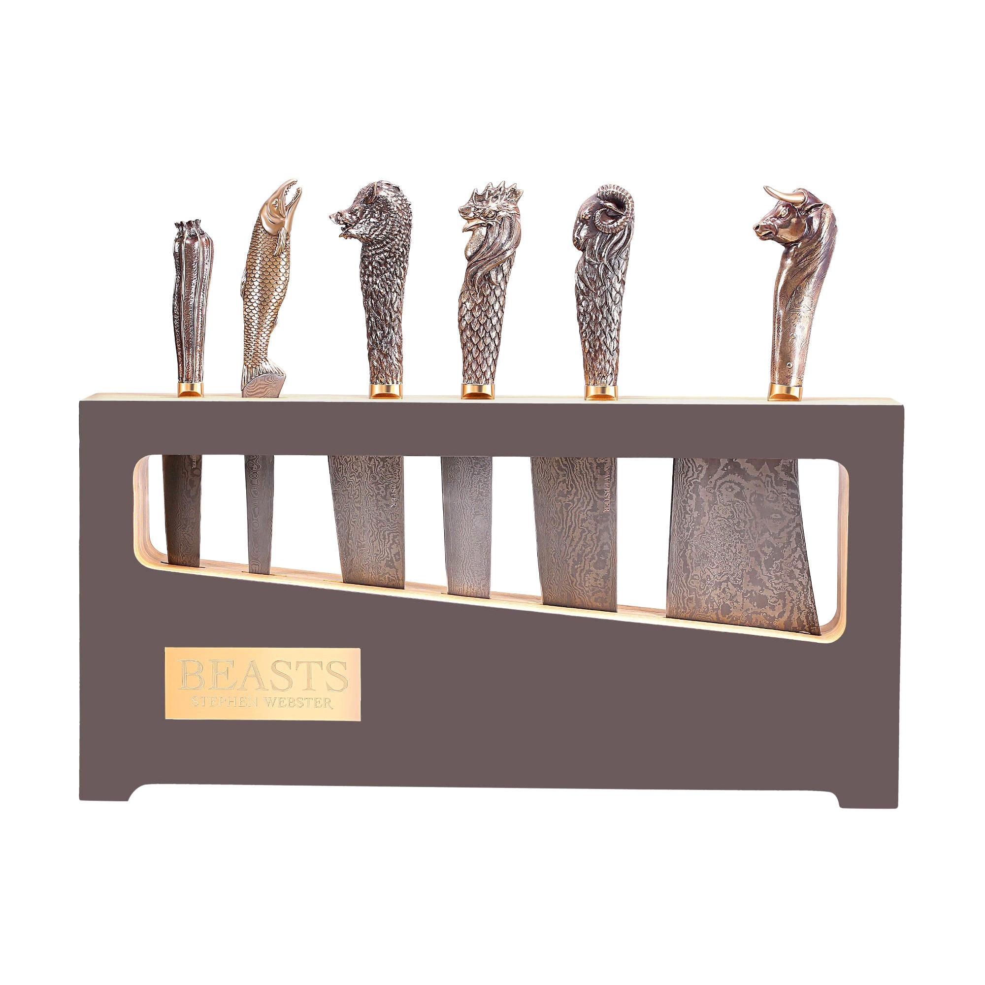 Stephen Webster Beasts Chef's Knives with Folded Steel Blades and Bronze Handles For Sale