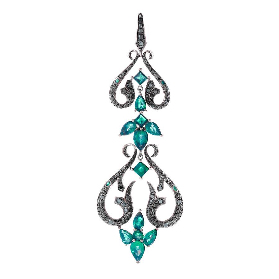 18ct white Gold Belle Epoque Chandelier Convertible Long Earrings with black Diamond pavé (2.83ct), square Emeralds (1.67ct), round emeralds (0.32ct), pear Emeralds (6.91ct), and Onyx (0.16ct).

Built on a foundation of 40 years of technical