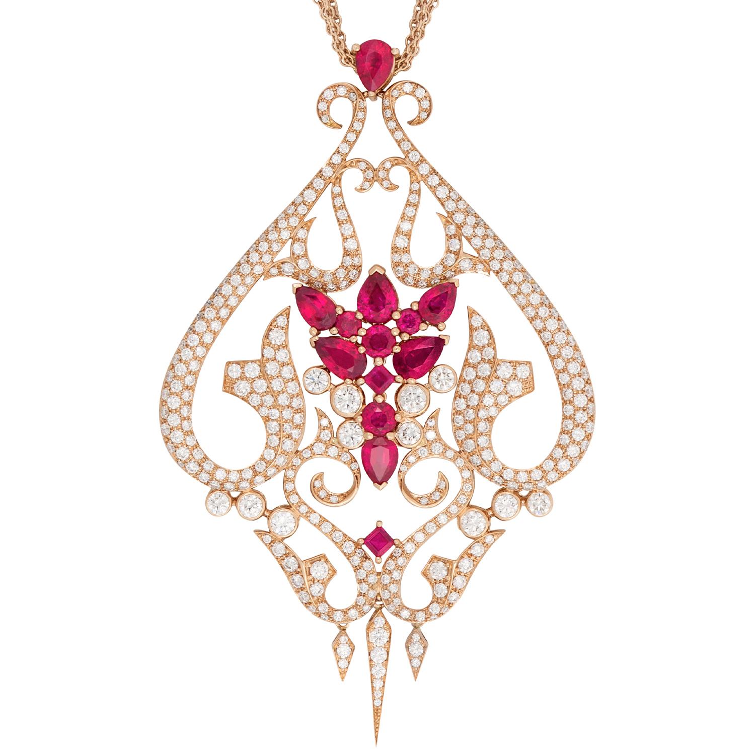 Belle Epoque Pendant set with white Diamond pavé (5.75ct) and Rubies (6.09ct) in 18ct rose Gold on a 5-row 17-inch white Diamond spacer chain.

Built on a foundation of 40 years of technical excellence, where Webster began his apprenticeship at the