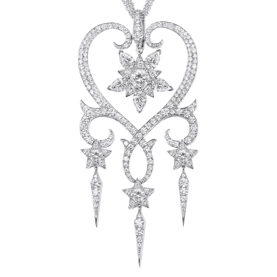 Belle Epoque Starlet Pendant set with white diamond pavé (4.09ct), Forevermark white Diamond (0.85ct), and pear-shaped white Diamonds (2.06ct) set in 18ct white Gold on a 5-row 18-inch long 1.2mm trace white Diamond spectacle set chain.

Built on a