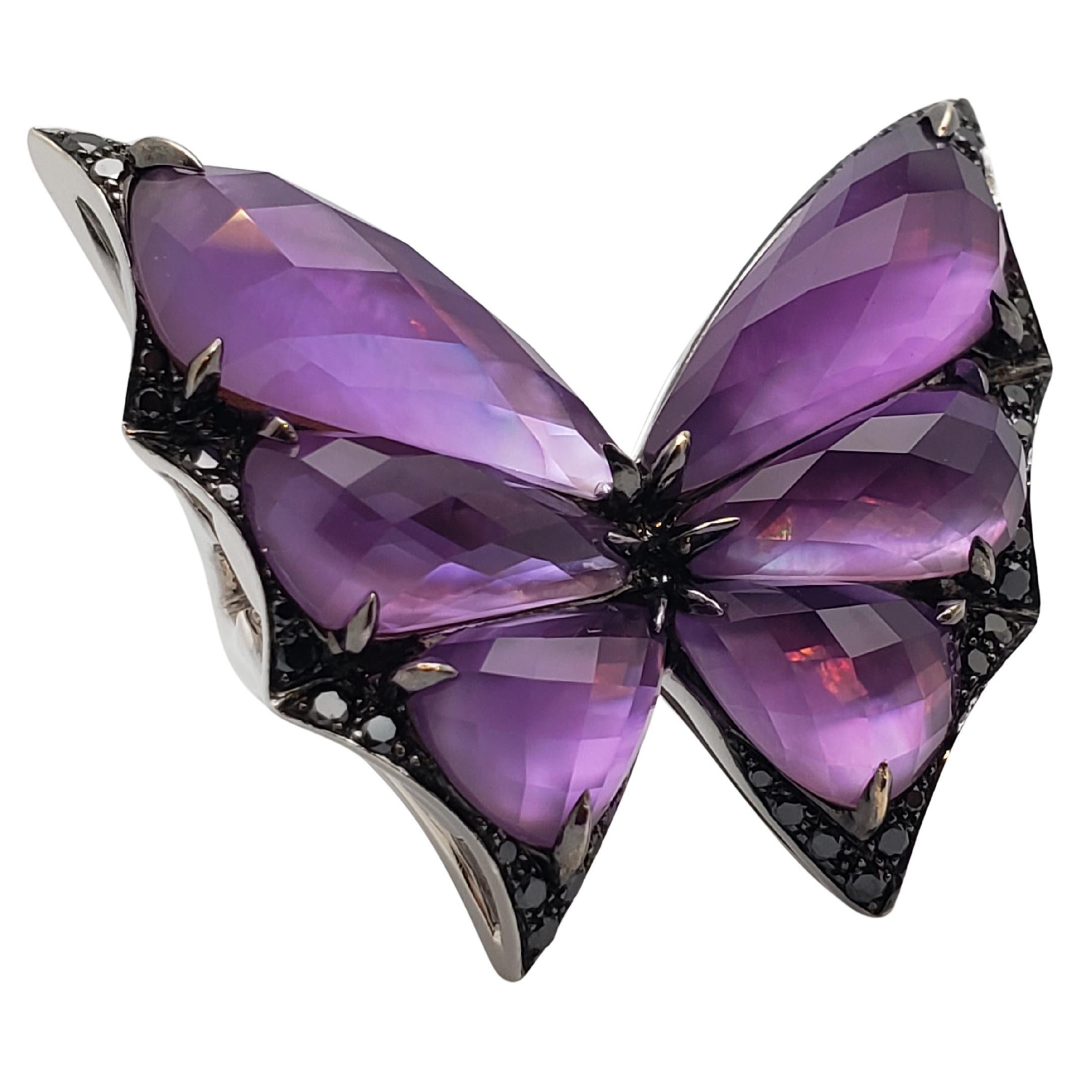 Stephen Webster Butterfly 12 CT Amethyst Black Diamond 18K White Gold Ring For Sale