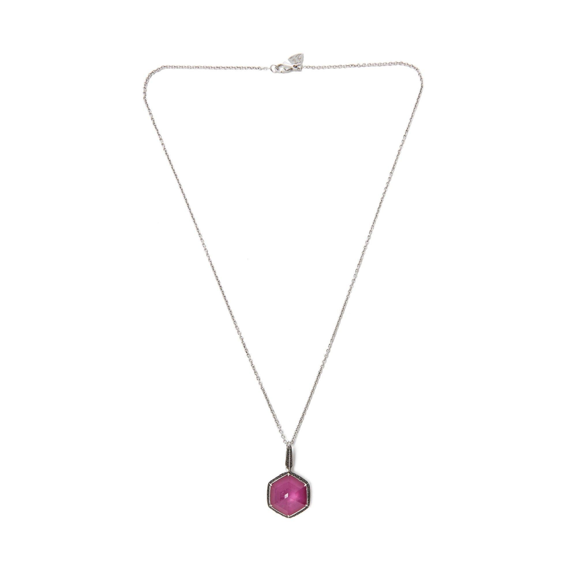 Hexagon Cut Stephen Webster Deco Haze 18ct White Gold Ruby Quartz and Black Diamond Pendant For Sale