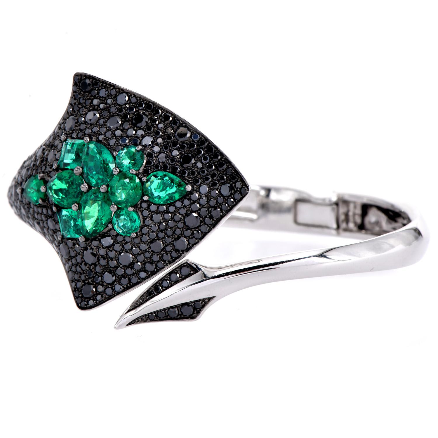 Emerald Cut Stephen Webster Diamond Emerald 18K Stingray Cuff Bracelet For Sale