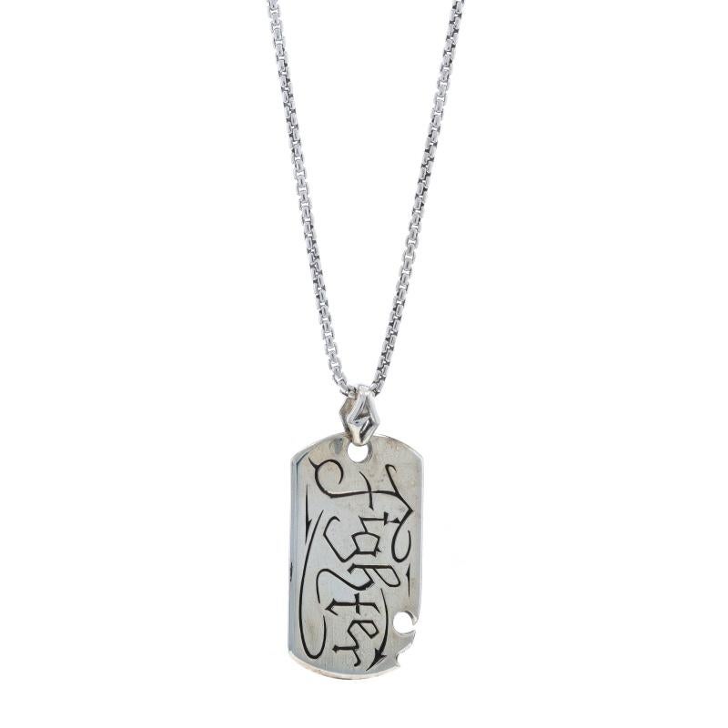 Brand: Stephen Webster
Design:  Fighter Dog Tag

Metal Content: Sterling Silver

Chain Style: Box
Necklace Style: Chain
Fastening Type: Lobster Claw Clasp
Features: Open Cut Detailing

Measurements

Item 1: Pendant
Tall (from extended bail): 2 5/32