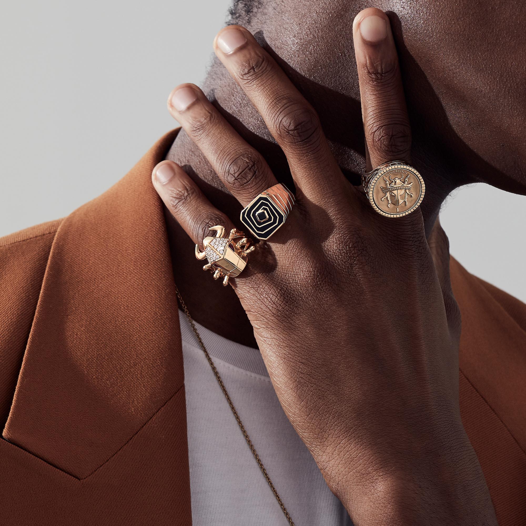 Im Angebot: Stephen Webster Flipside Sovereign Siegelring aus 18 Karat Gelbgold und schwarzer Emaille () 3