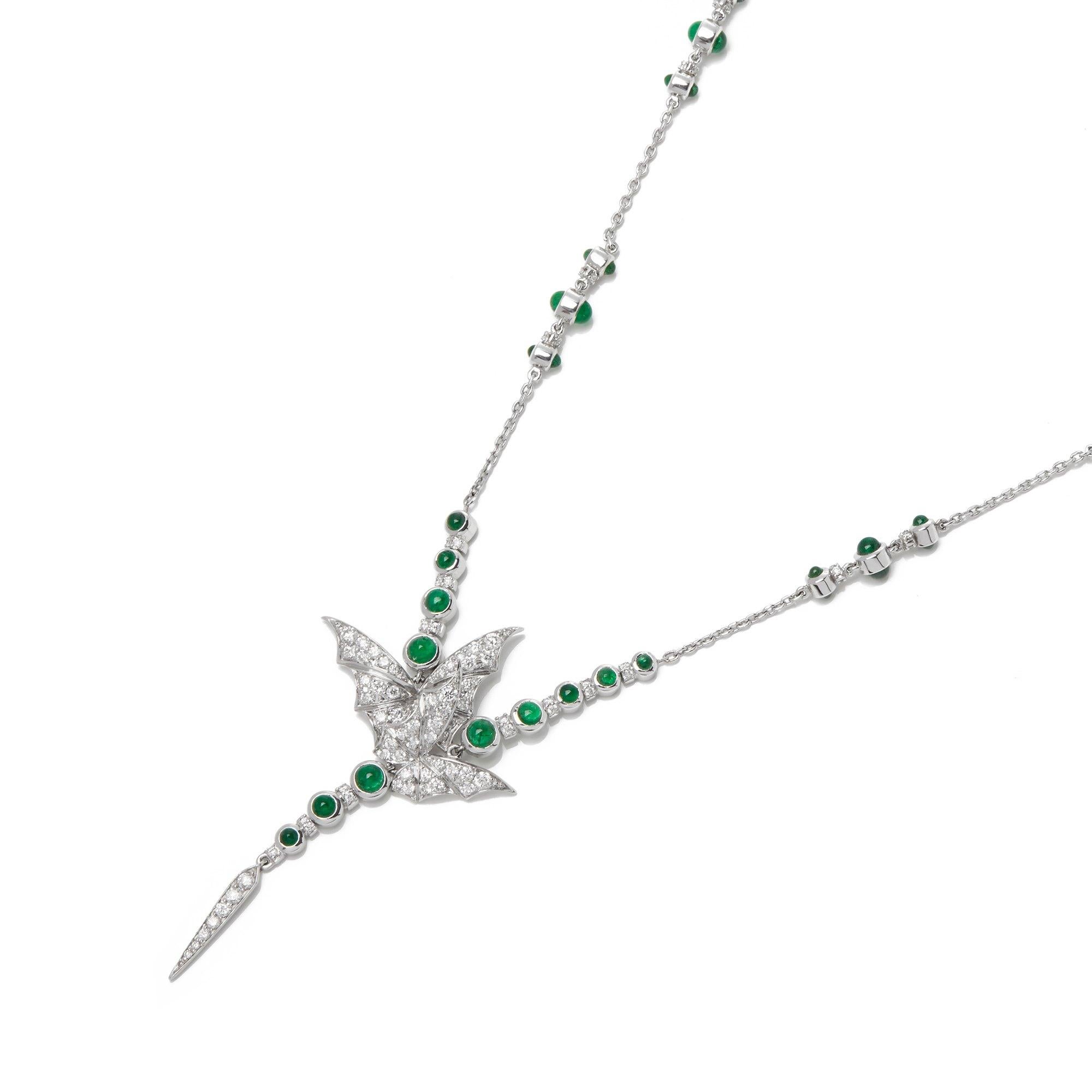 This necklace by Stephen Webster is from his Fly by Night Collection and features emerald cabochon stones and round cut white diamonds. Set in White Gold and falling in a Y shape design. Complete with Xupes presentation box. Our Xupes reference is