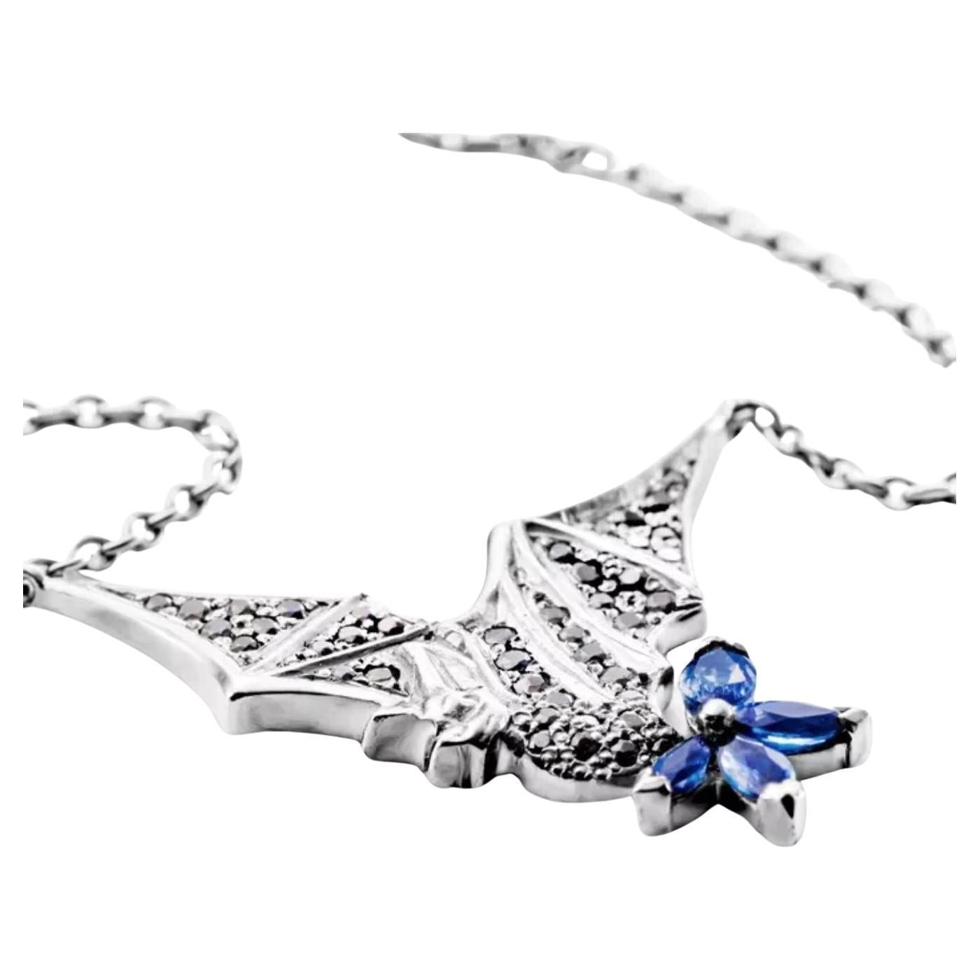 Stephen Webster Bat Pend Black and Blue Sappphires White Gold Pendant For Sale