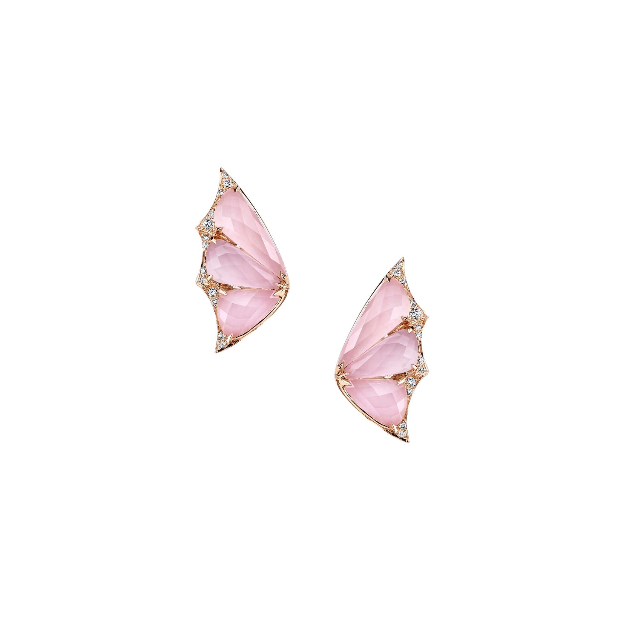 This pair of 'Fly By Night' Crystal Haze Long Earrings are handcrafted in 18ct rose gold, pink opal with clear quartz Crystal Haze (8.32ct) and 1.42 carat white diamond pavé. Wear them as a statement piece at an evening occasion and change your look