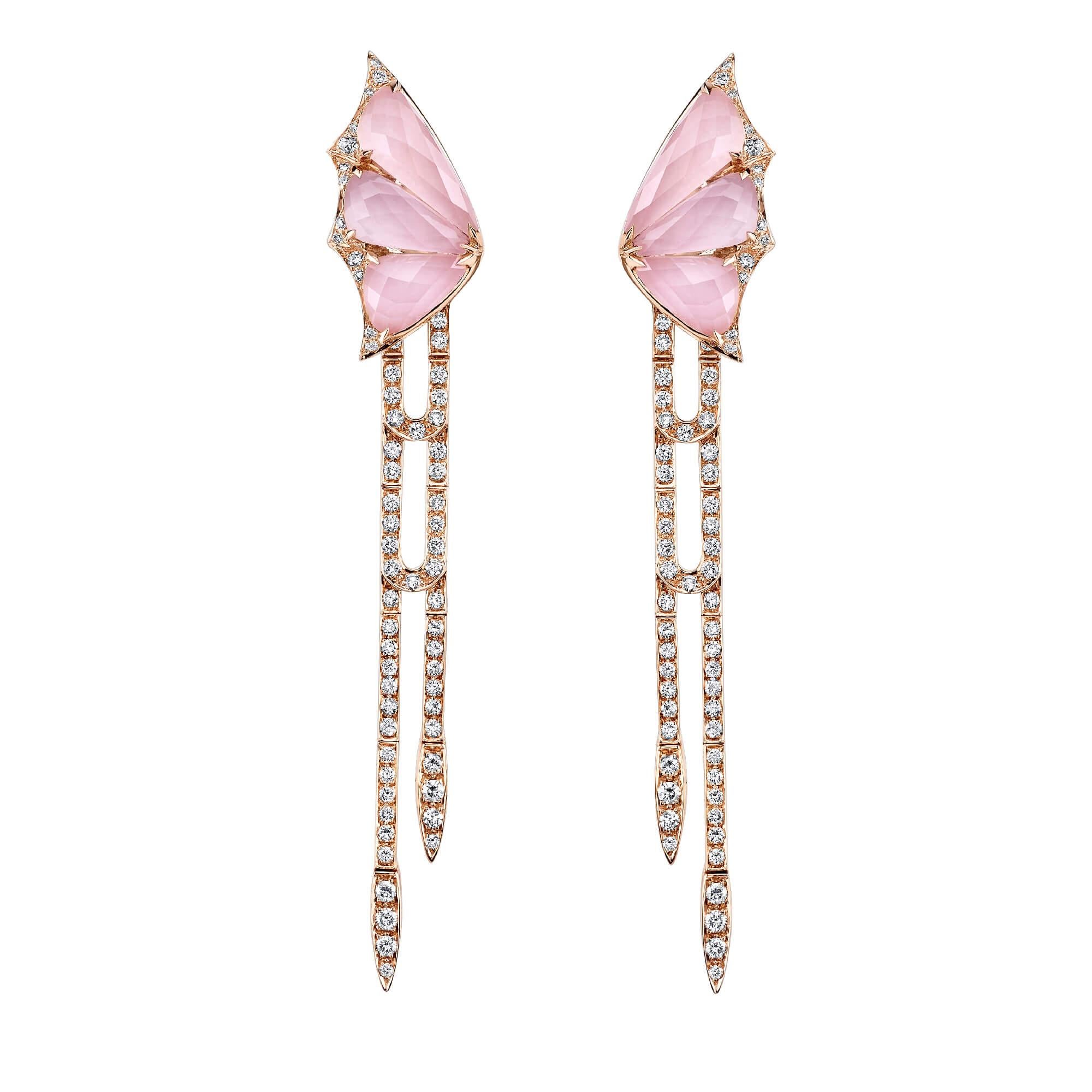Stephen Webster Fly by Night Pink Opal Crystal Haze and White Diamond Earrings