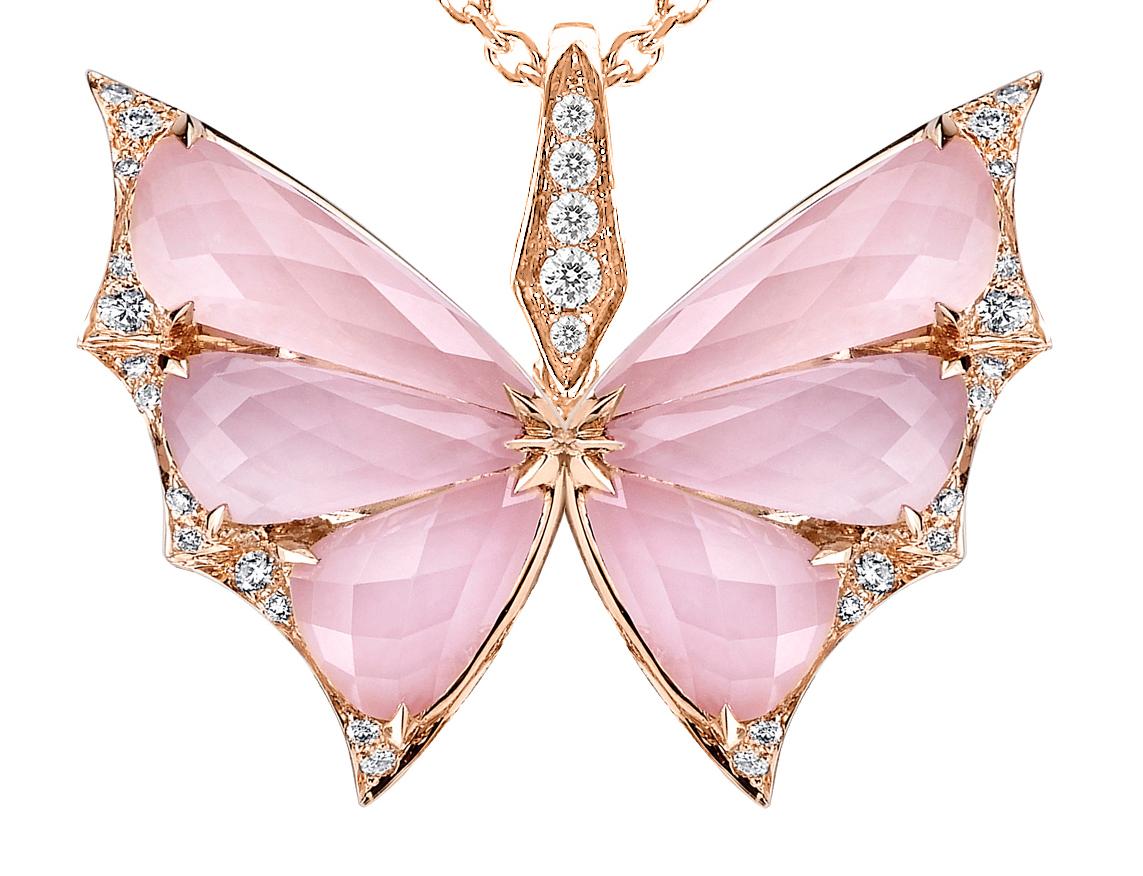 Handcrafted in charming pink opal with clear quartz Crystal Haze, elegant 18k rose gold and timeless 0.24 carat white diamond pavé, this 'Fly By Night' Crystal Haze Small Pendant is a perfect addition to a contemporary wardrobe. A tribute to the