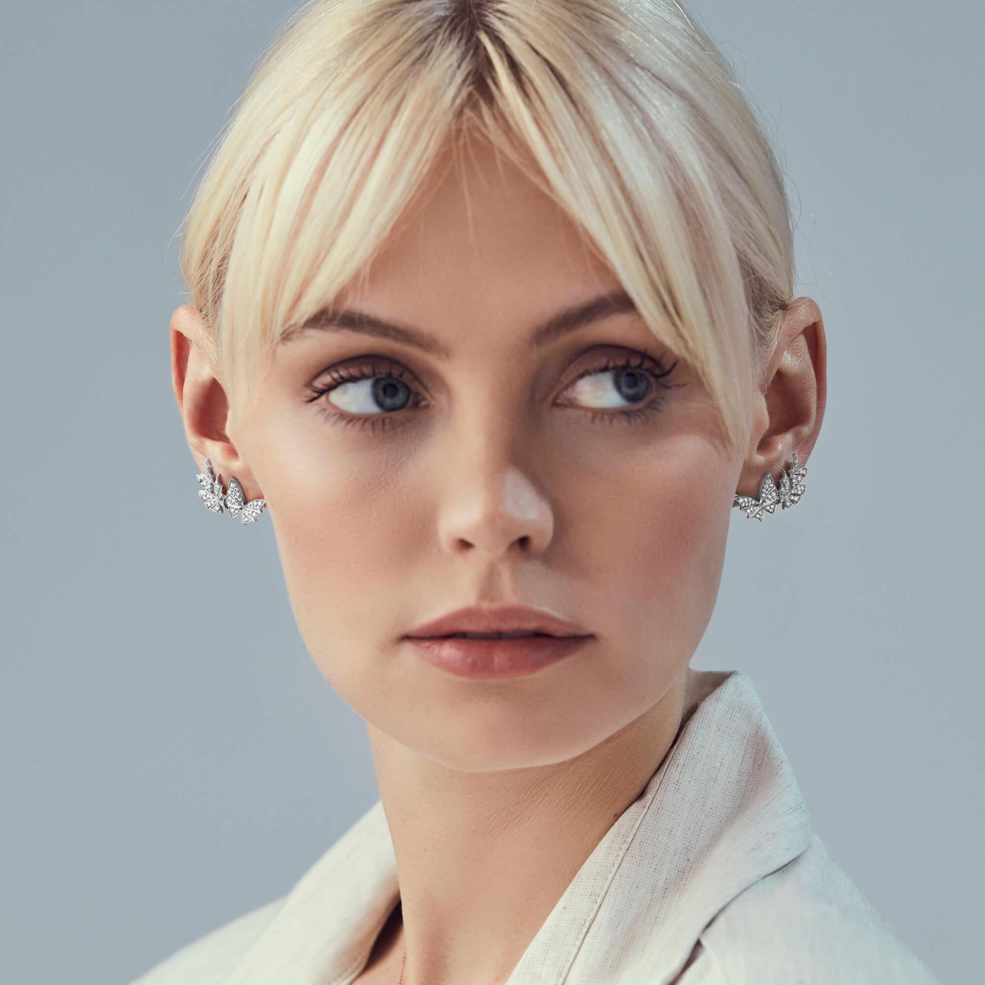 This pair of 'Fly By Night' Pavé Triple Earrings are perfect to wear as a signature piece for a day or evening occasion. Inspired by nocturnal, winged creatures that inhabit the dark, mysterious forests. Handcrafted in 18ct white gold and set with