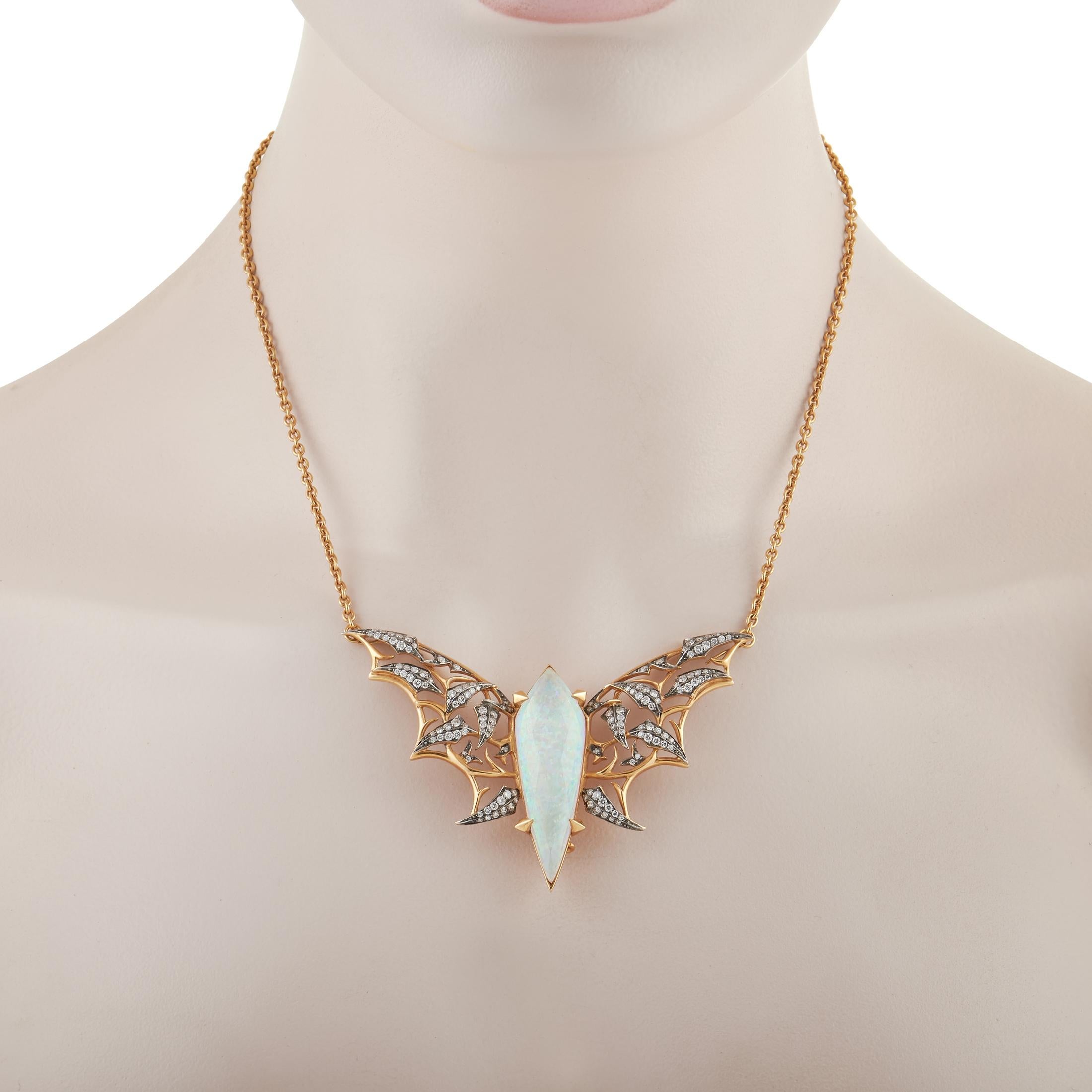 Channel your darker side by adding this elegant pendant necklace from Stephen Webster into the mix. Attached to an 18K Yellow Gold chain measuring 14.5”, you’ll find an intricate “bat” shaped pendant that measures 2.13” long and 3” wide. The wings