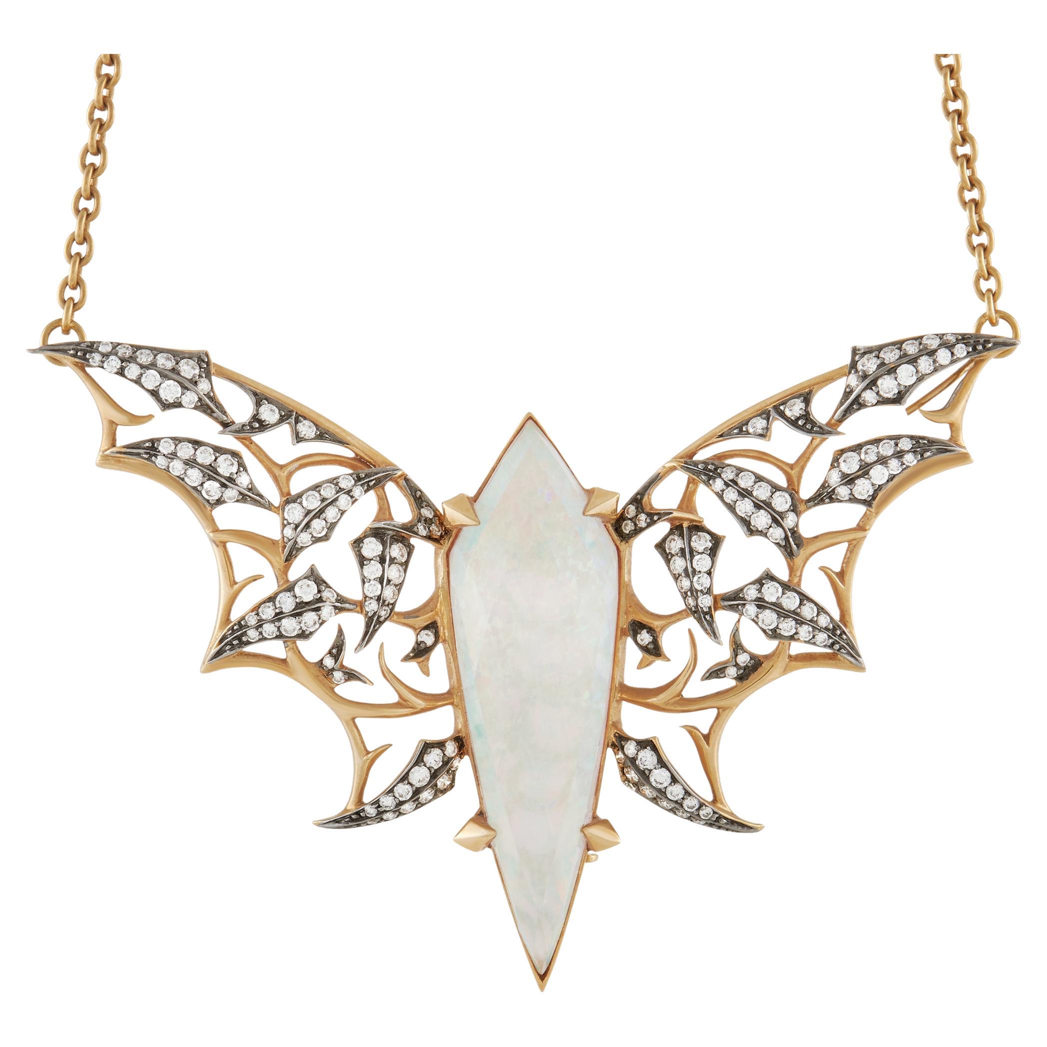 Stephen Webster Fly By Night Yellow Gold Diamond, Opal, and Quartz Bat Necklace