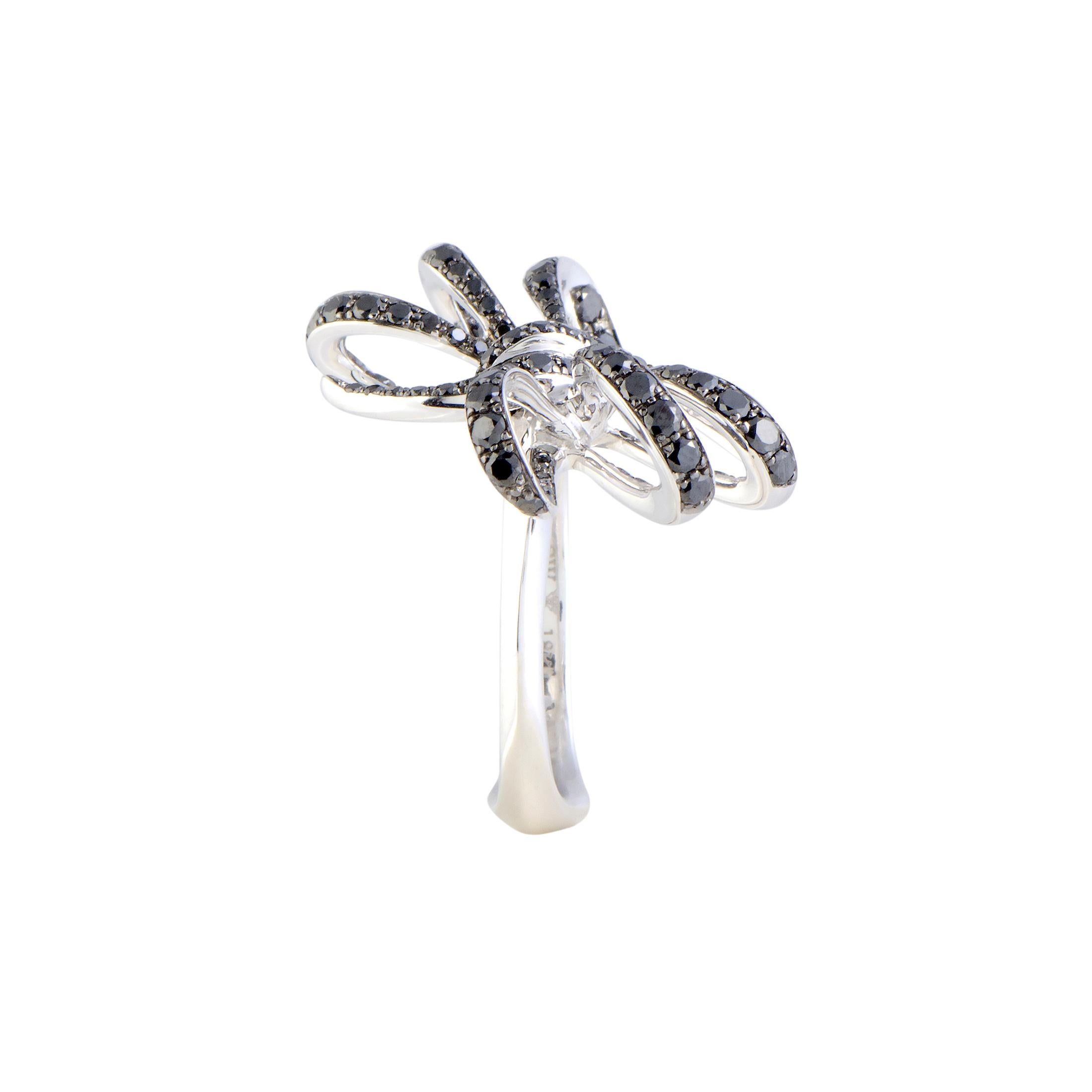 Stephen Webster Forget Me Knot 18 Karat White Gold Black Diamond Pave Bow Ring In New Condition In Southampton, PA