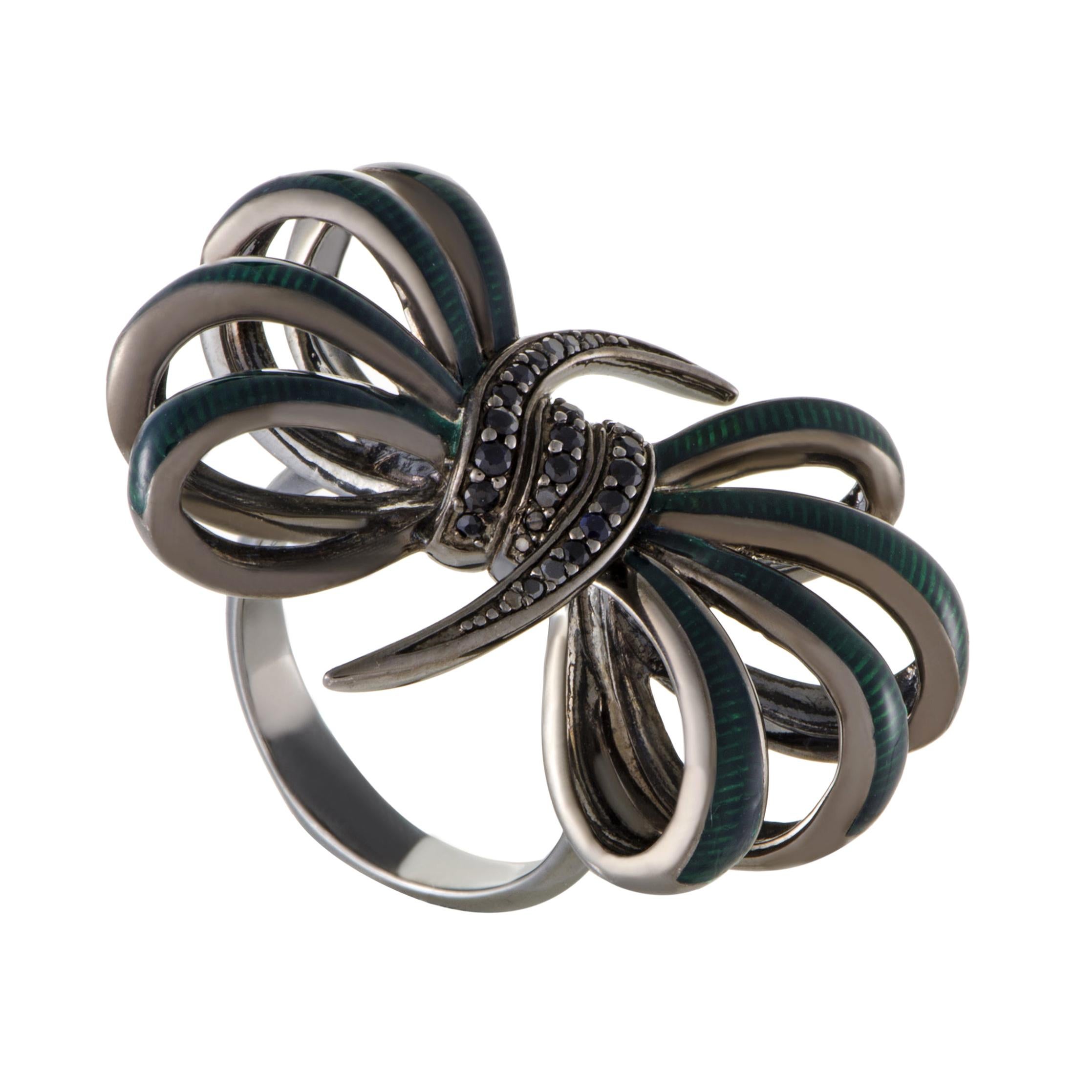 Stephen Webster Forget Me Knot Enameled Silver and Black Sapphire Pave Bow Ring