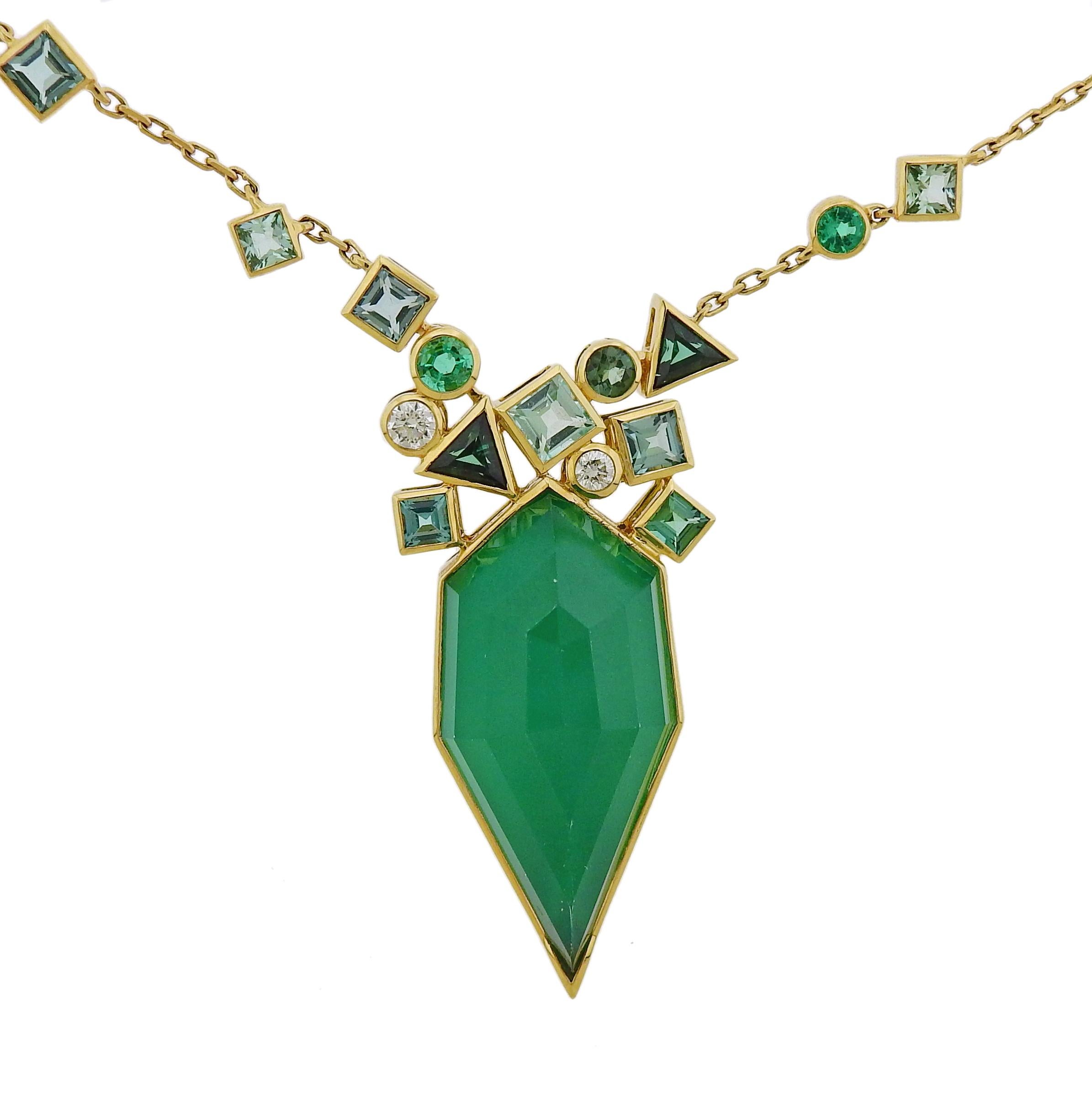 Brand new 18k gold Gold Struck pendant necklace by Stephen Webster, featuring green agate, emerald, approx. 0.17ct diamond and  tourmalines. Retail $13000. Comes with original packaging. Necklace is 30