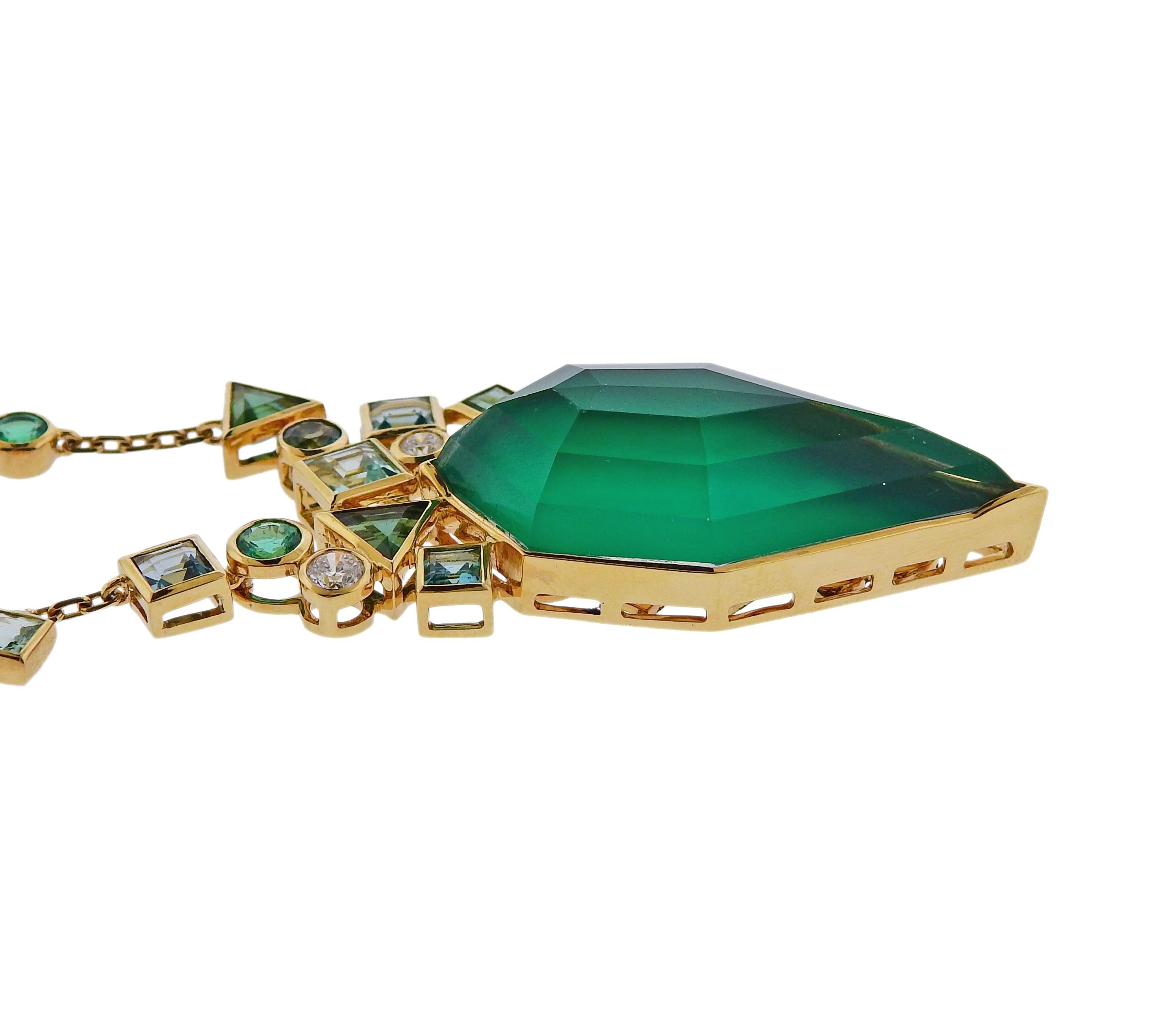 Women's or Men's Stephen Webster Gold Struck Agate Emerald Diamond Tourmaline Necklace For Sale