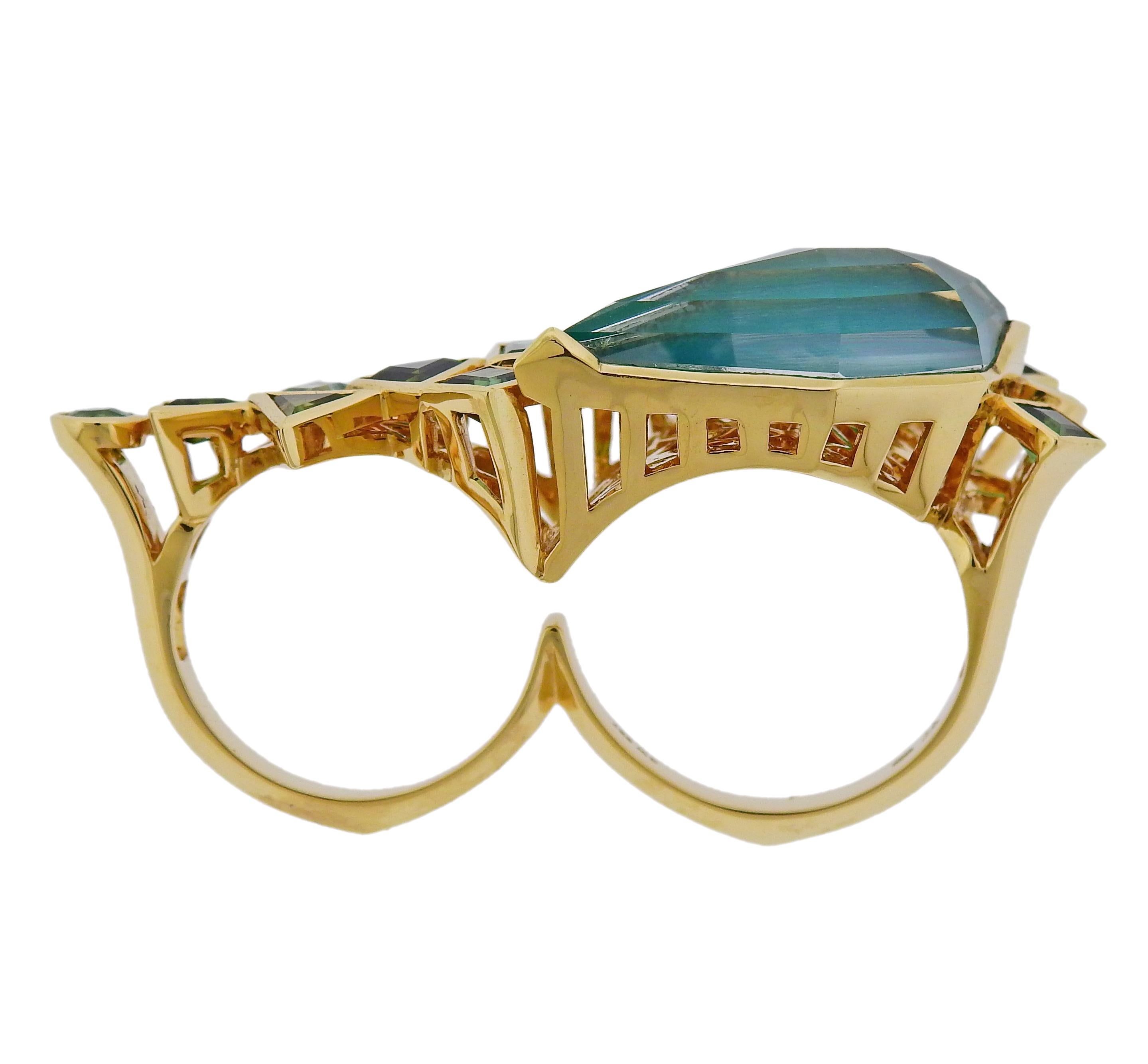 Women's or Men's Stephen Webster Gold Struck Diamond Emerald Agate Two Finger Ring For Sale