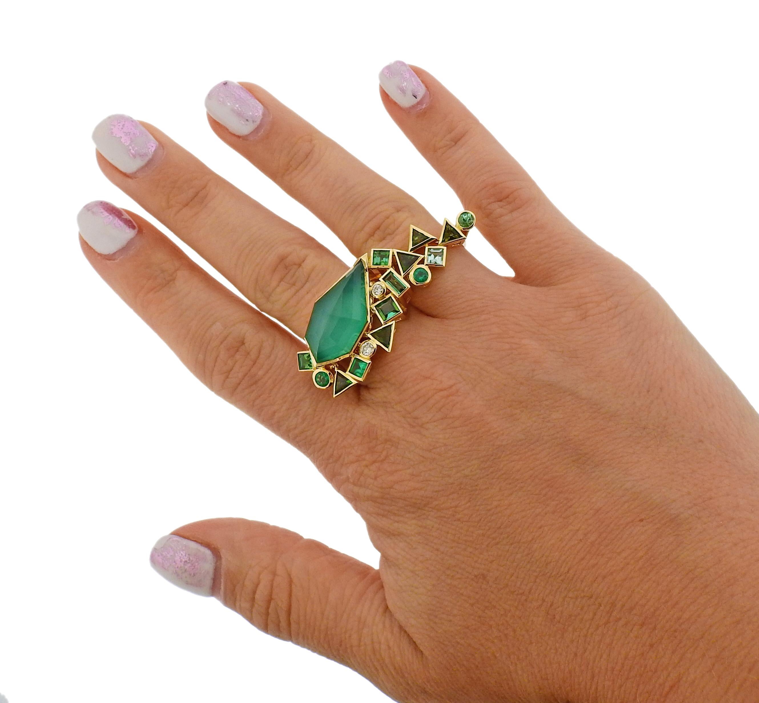 Stephen Webster Gold Struck Diamond Emerald Agate Two Finger Ring For Sale 1