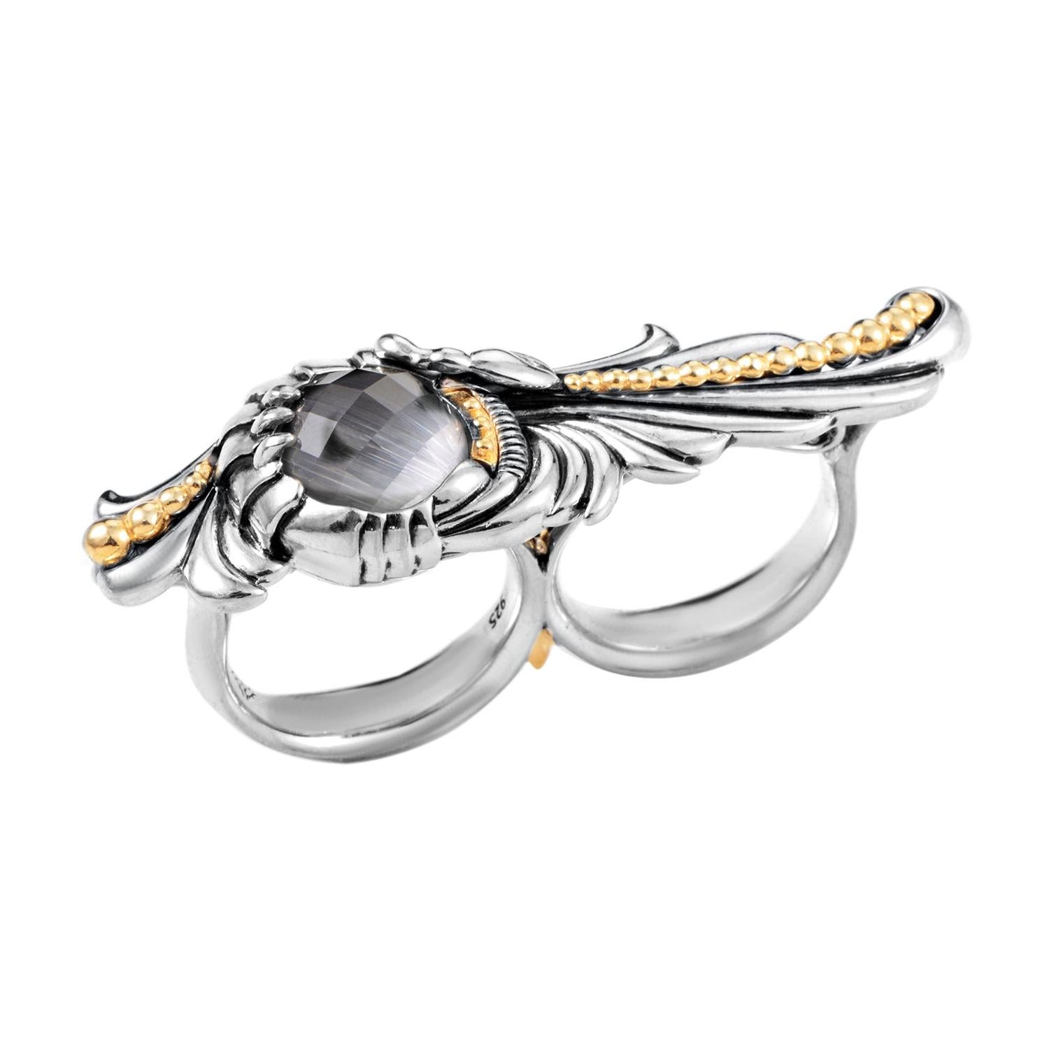 Stephen Webster Jewels Verne Silver Cat's Eye and Quartz Double Finger Ring