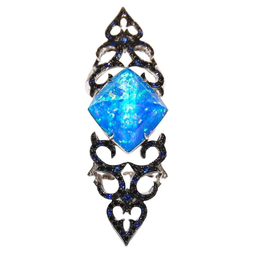 Stephen Webster Long Finger Blue Sapphire Black Diamonds and Opal Ring For Sale