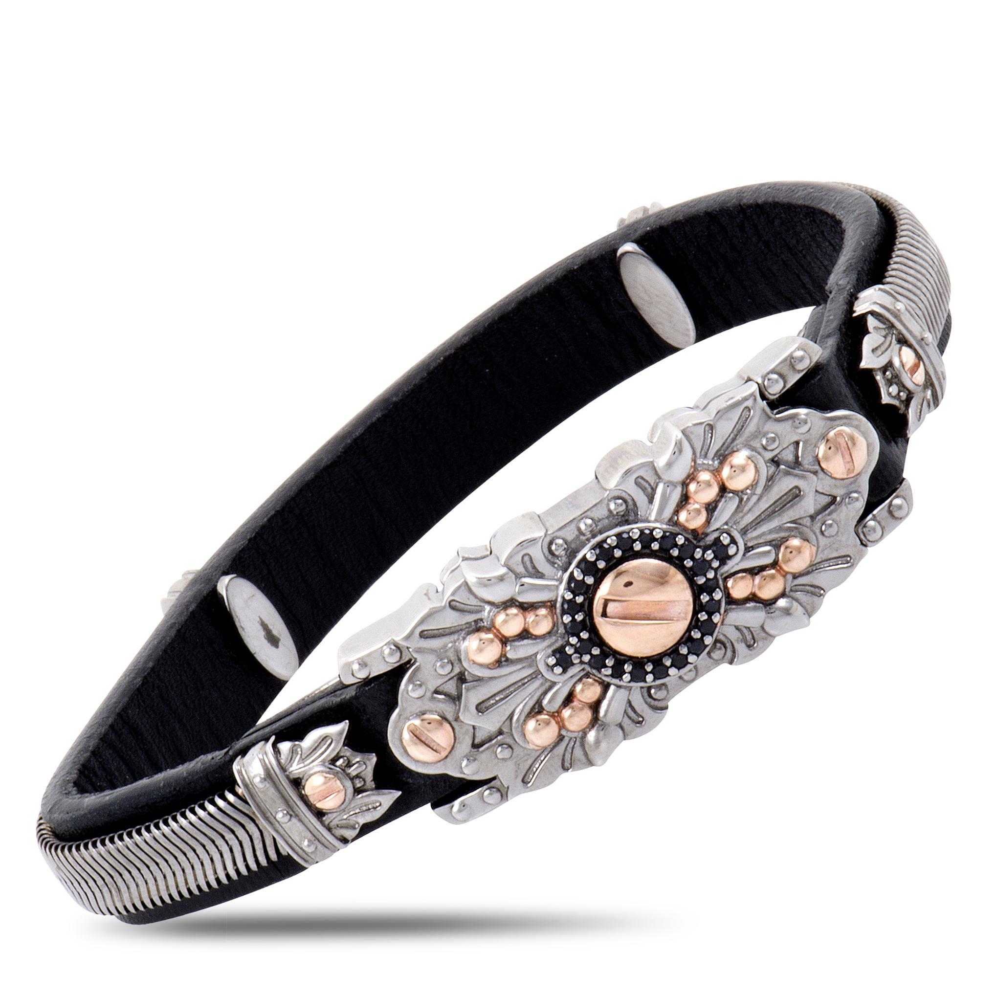 Men's Stephen Webster No Regrets Gold Tone Silver and Black Sapphire Leather Bracelet