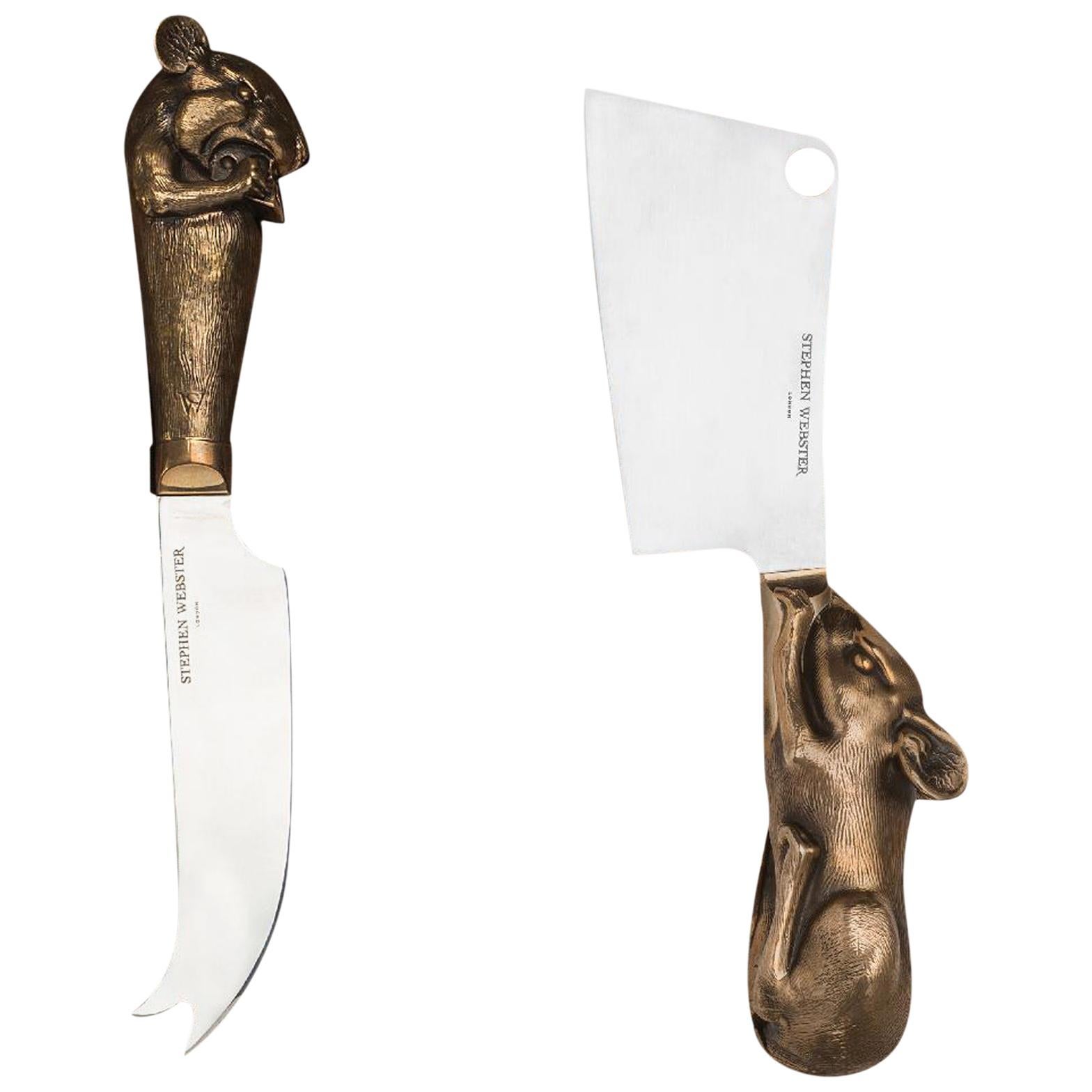 Stephen Webster Pair of Bronze Beast Cheese Knives with Steel Blades For Sale