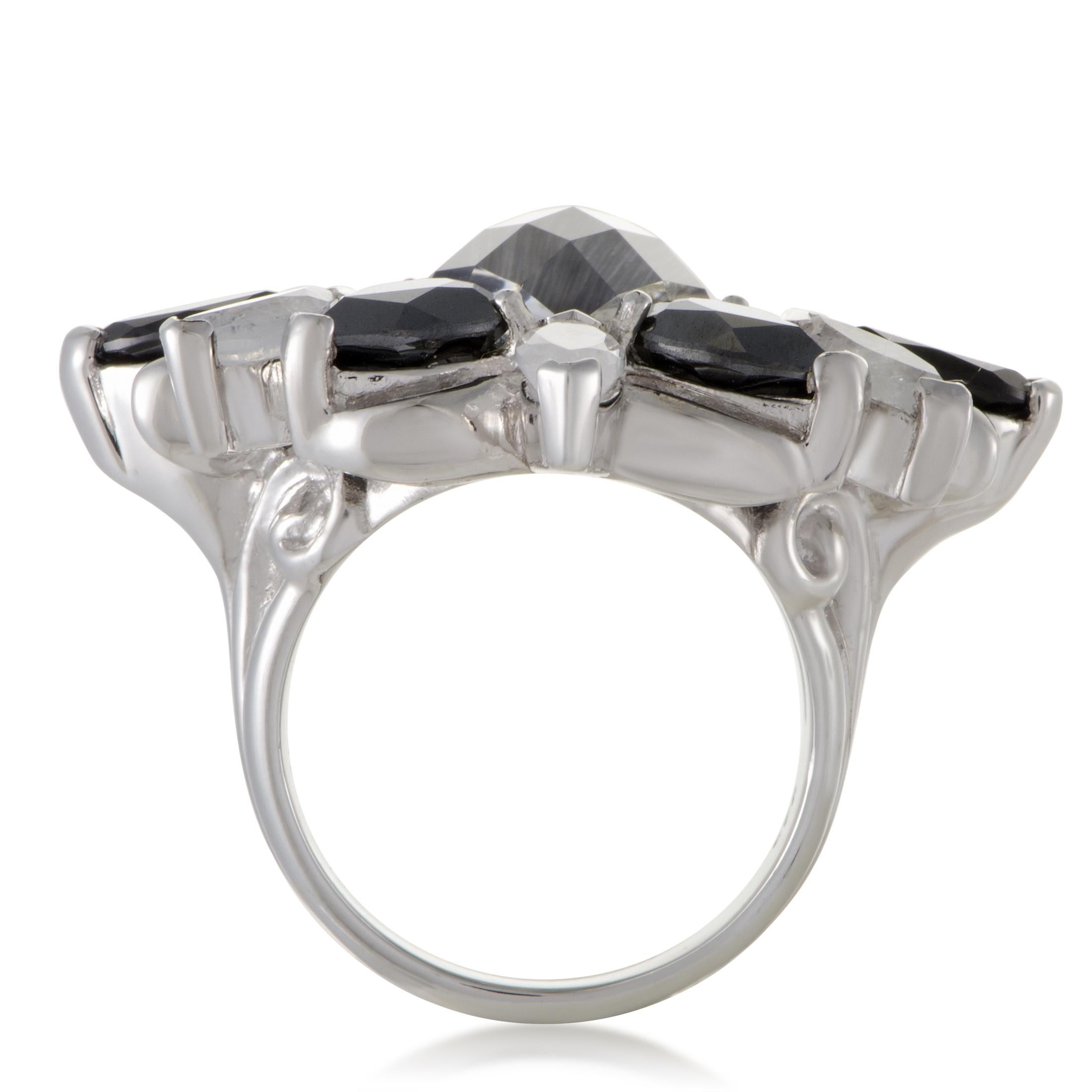 A magnificent blend of splendid quartz, neat cat's eye, stunning hematite stones and 1.28 carats of striking black spinels produce an exceptional sight against the shimmering white rhodium-plated silver in this fascinating ring from Stephen