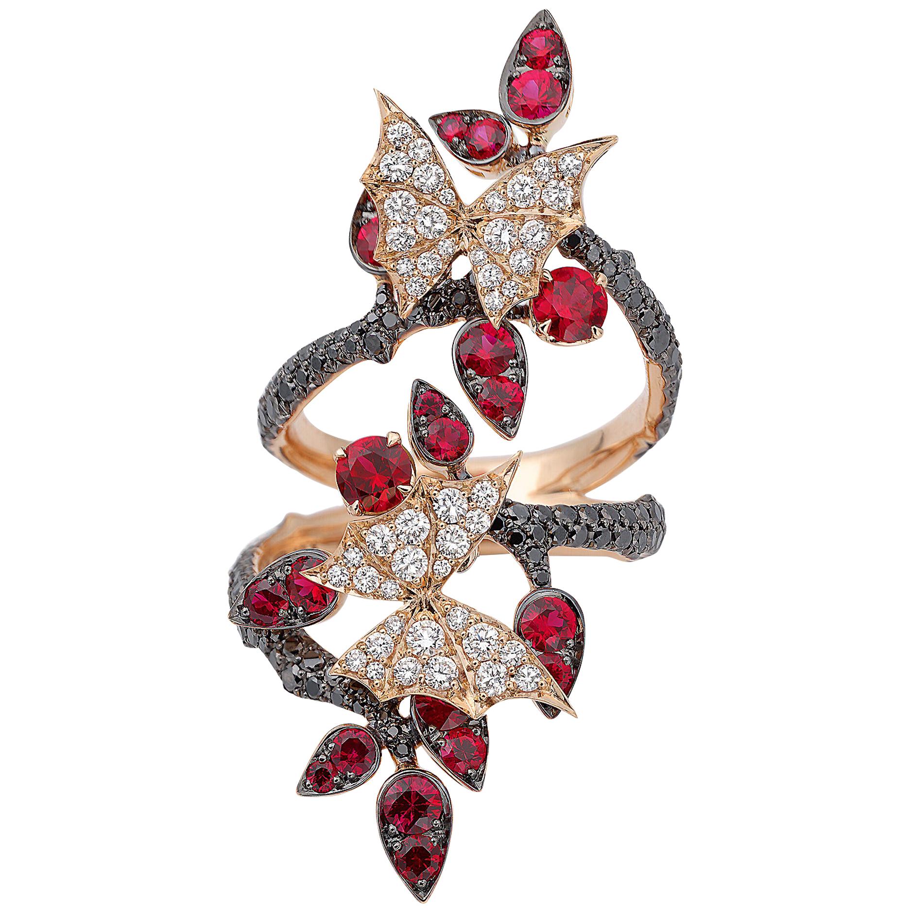 Stephen Webster Ruby and Black Diamond Forest 18 Carat Rose Gold Ring