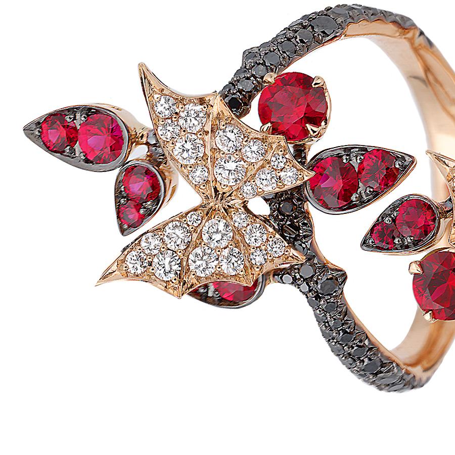18ct Rose Gold Fly by Night Forest Long Finger Ring set with black Diamond pavé vines (1.00ct), white Diamond pavé butterflies (0.50ct), and Ruby pavé (1.81ct).

Available in US ring size 6.5.

Built on a foundation of 40 years of technical