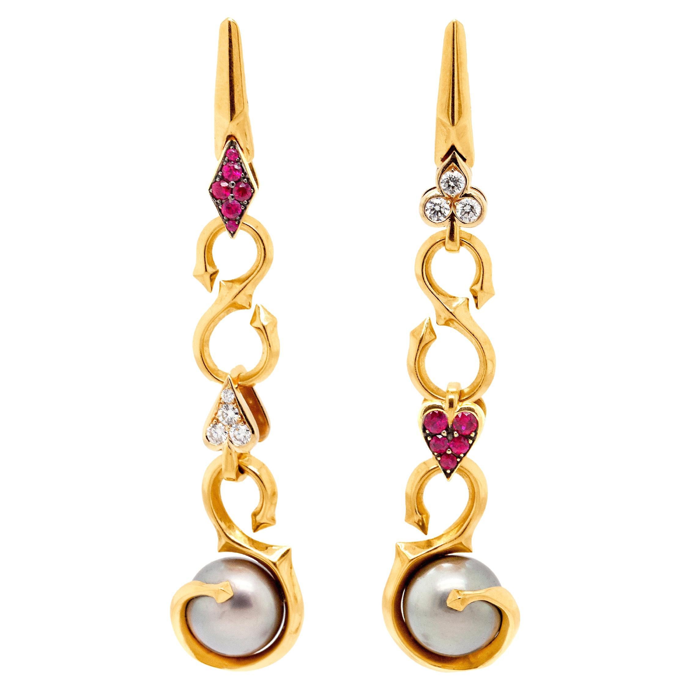 Stephen Webster Ruby, Diamond and Tahitian Pearl 'Playing Cards' Drop Earrings For Sale