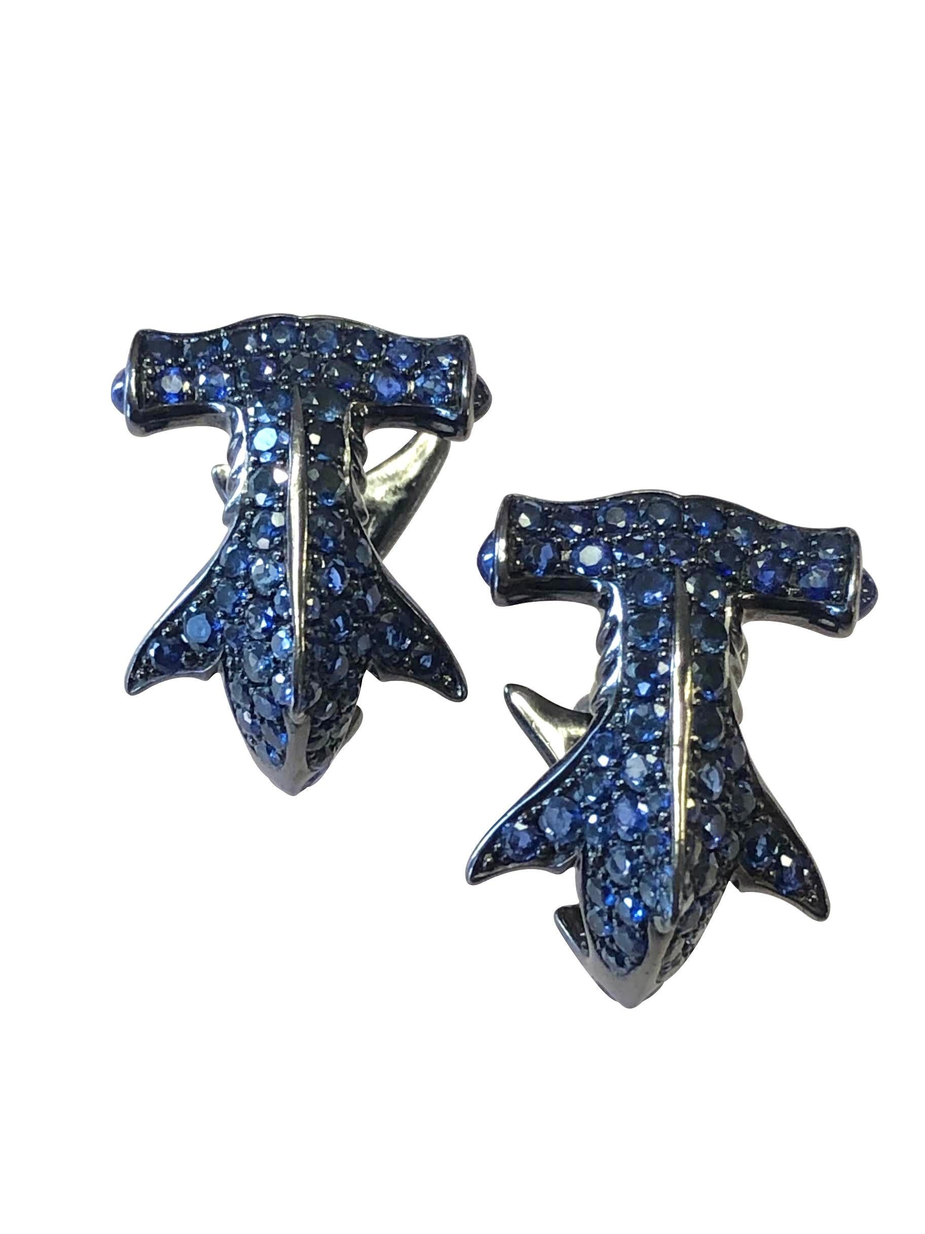 Circa 2018 Stephen Webster No regrets Collection Hammerhead Shark Cufflinks. Black Rhodium over Sterling Silver and set with Sapphires totaling 5 Carats. Measuring 1 inch X 3/4 inch