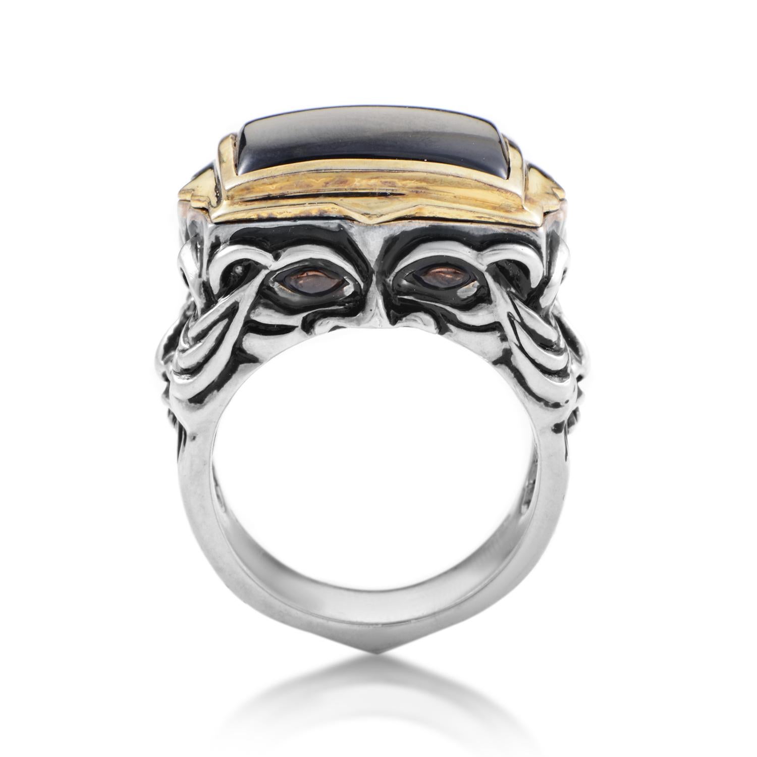 Continuing the esteemed tradition of daring designs with unparalleled aesthetic and artistic value, Stephen Webster presents this outstanding ring made of marvelously ornamented silver and adorned with captivating black jade and splendid garnet
Ring