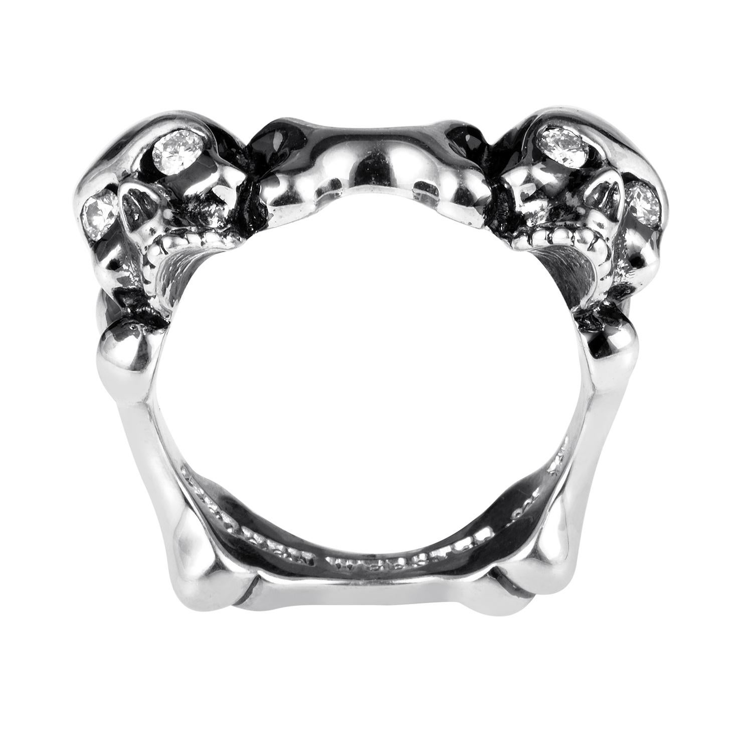 Stephen Webster Jewelry is for the outstanding, and this double skull ring in sterling silver is just that. Black rhodium provides the dark lines and notes needed for somber tones while ~.16ct of diamonds provide piercing eyes.<br/>Ring Top
