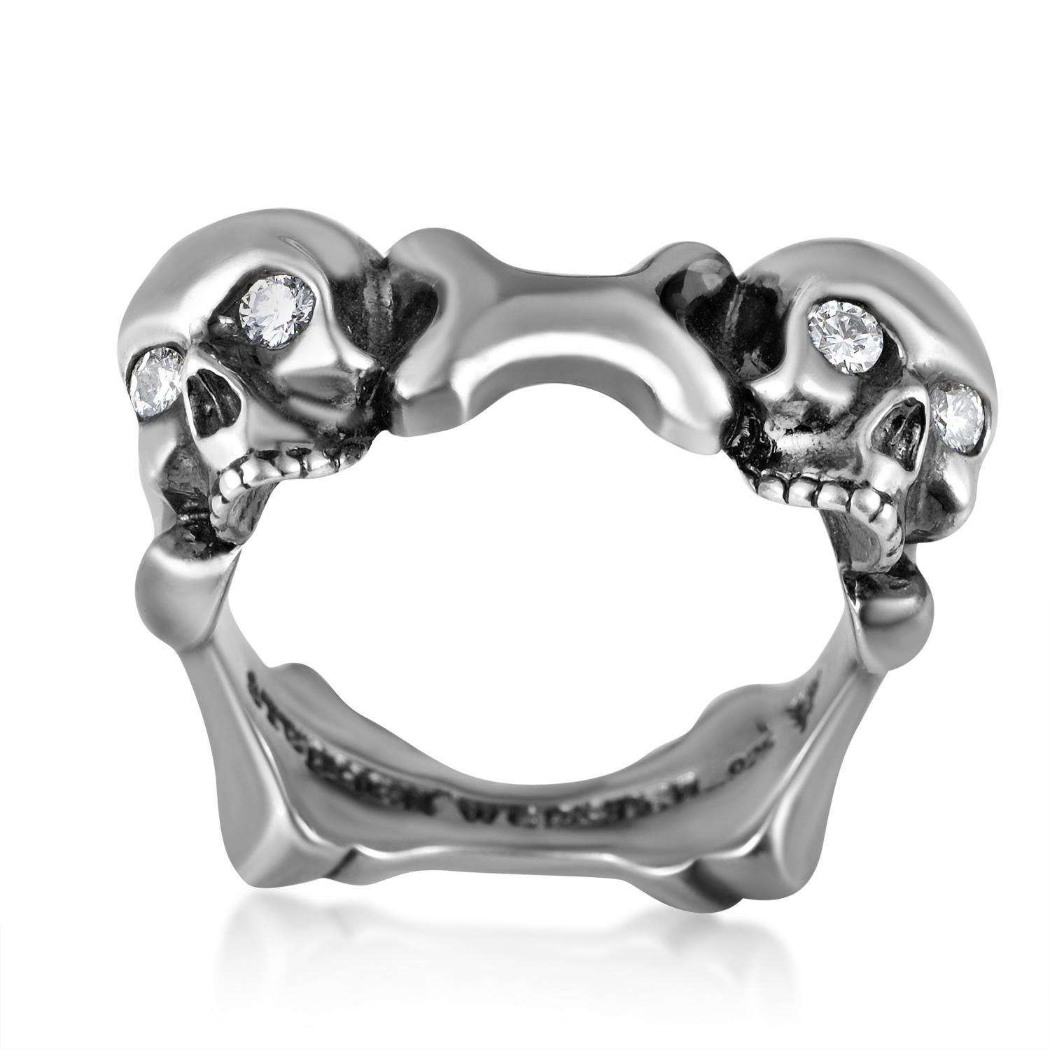The ever-intriguing and mystic motif of a skull is used once again by Stephen Webster to create a daring design, with the gleaming black rhodium-plated silver brilliantly crafted to produce a flowing feel to the ring and 0.14ct of diamonds posing as