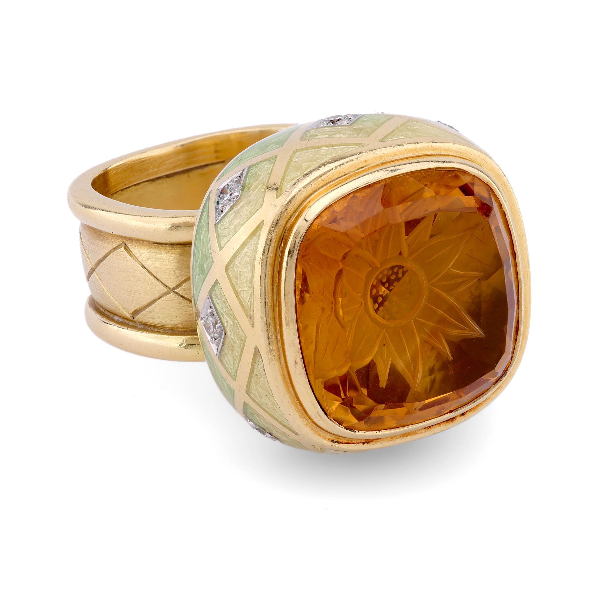 Cocktailring aus 18 Karat Gelbgold mit Sonnenblumen-Intaglio und Citrin und Diamant von Stephen Webster (Brillantschliff)