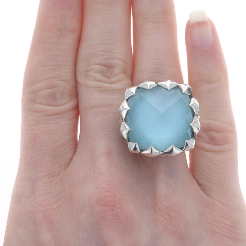 Retail Price: $595

Size: 7

Brand: Stephen Webster
Collection: Super Stud

Metal Content: Sterling Silver

Stone Information
Natural Blue Quartz over Mother of Pearl
Cut: Doublet Checkerboard

Style: Cocktail Solitaire
Features: Knife-Edge
