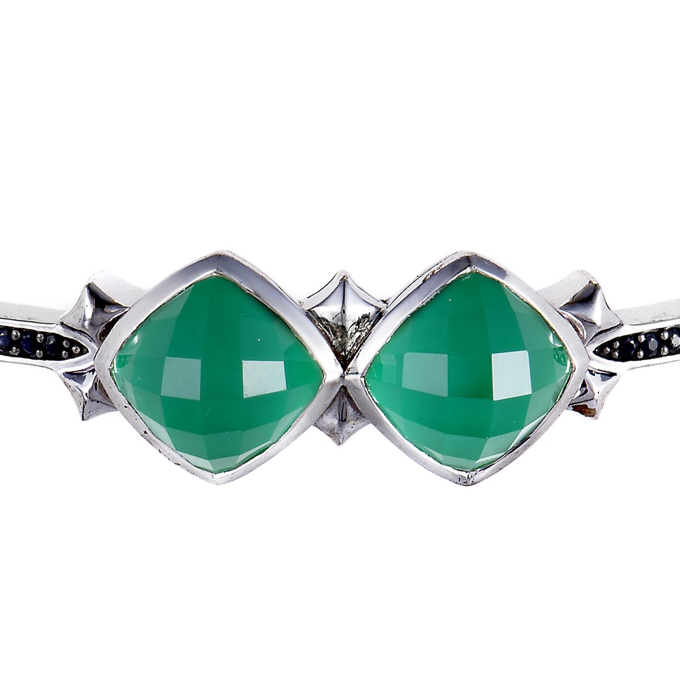 Expertly set and neatly arranged to lead the eye up to the fascinating synthesized chrysoprase and quartz stones, the striking black sapphires weighing in total 0.24ct produce excellent contrast against the splendid white rhodium-plated silver in