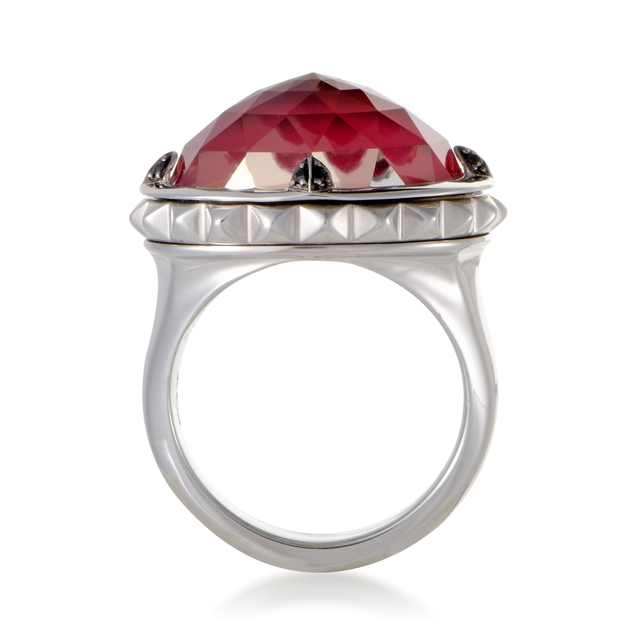 Set with splendidly sublime quartz, majestically beautiful synthetic red coral and extravagantly nifty black spinels, totaling 0.06 carats, this spectacular ring from the esteemed 'Superstud' collection by Stephen Webster places immensely exuberant