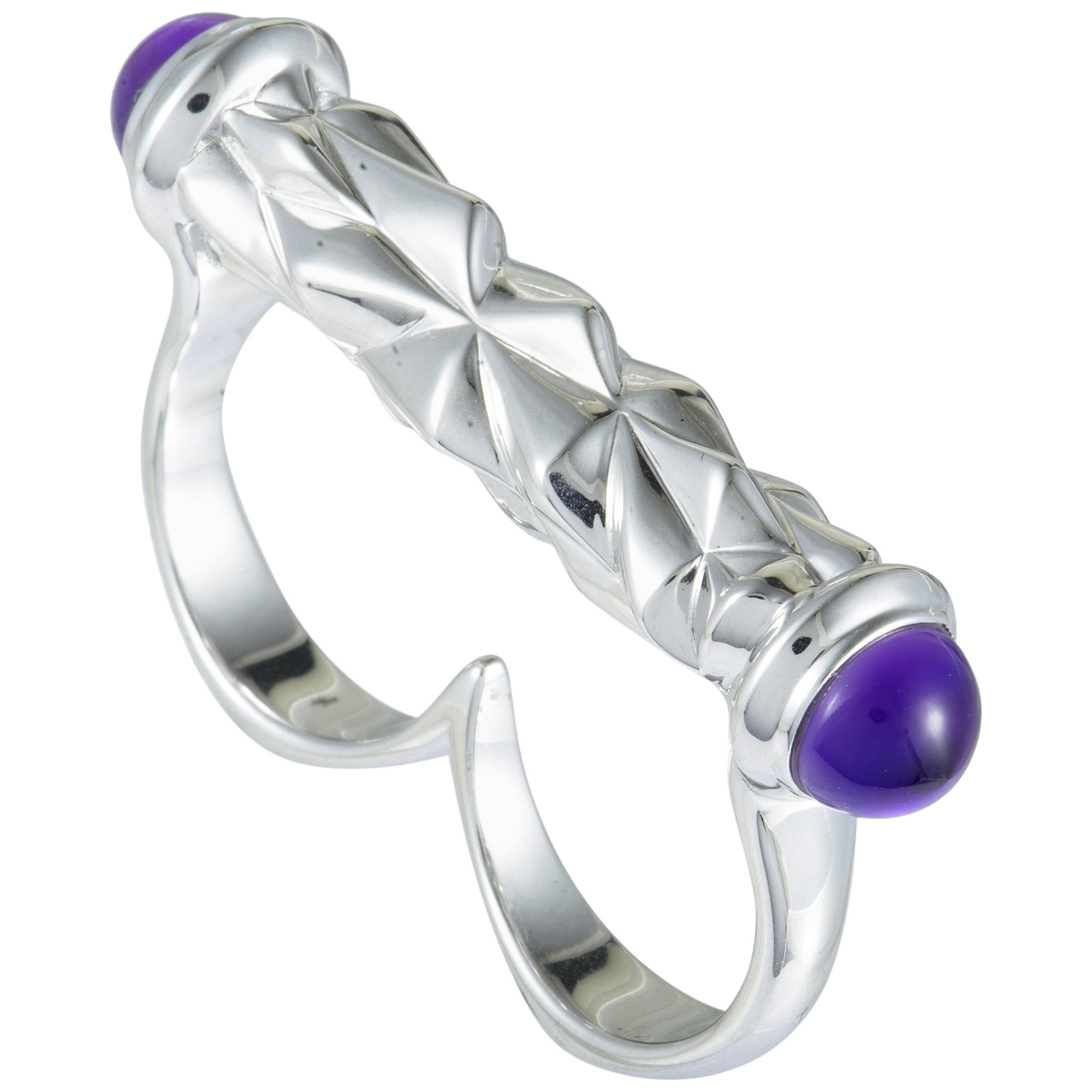 Stephen Webster Superstud Silver Mother of Pearl and Amethyst 2 Finger Bar Ring
