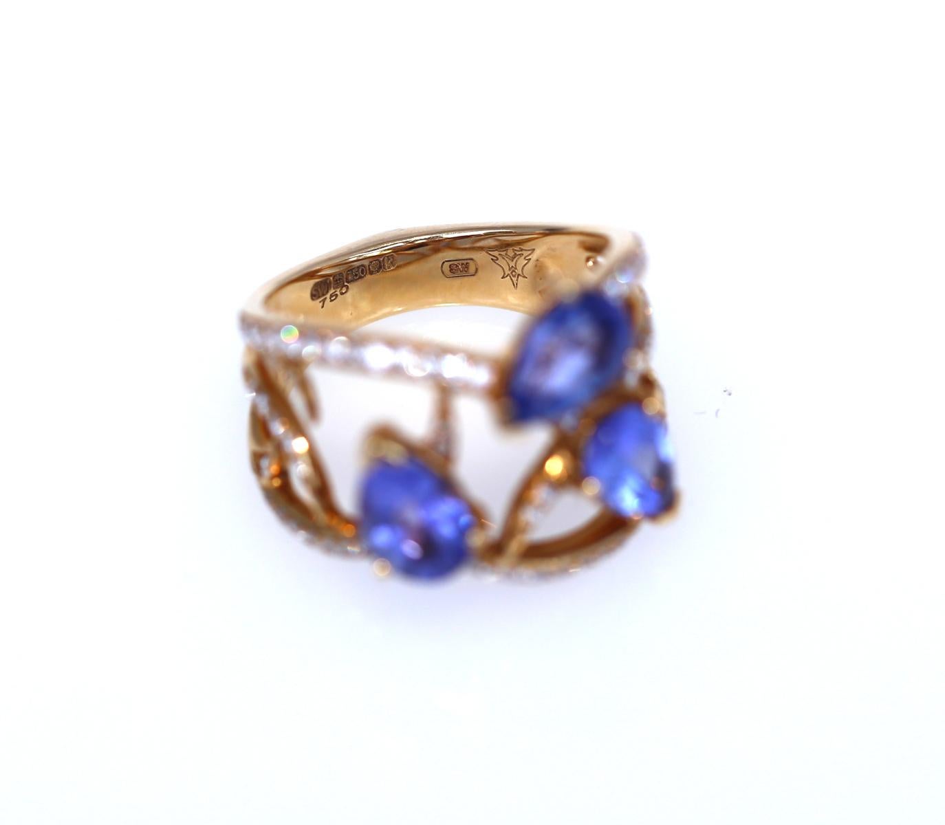 Women's Stephen Webster Tanzanite Diamonds Ring Signed Yellow Gold 18K, 2010 For Sale