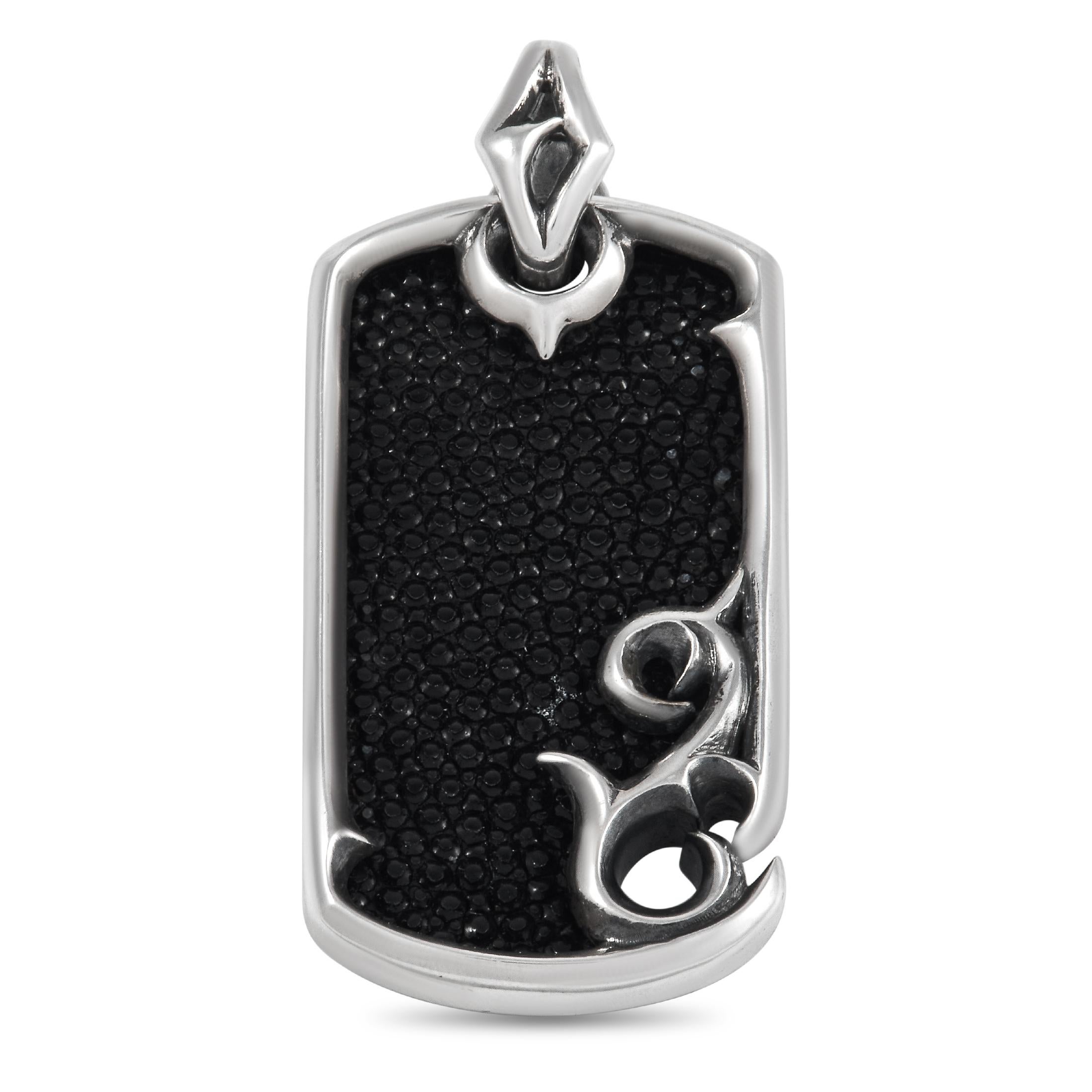 Women's or Men's Stephen Webster Thorn Sterling Silver Black Enamel and Rayskin Leather Dog Tag 