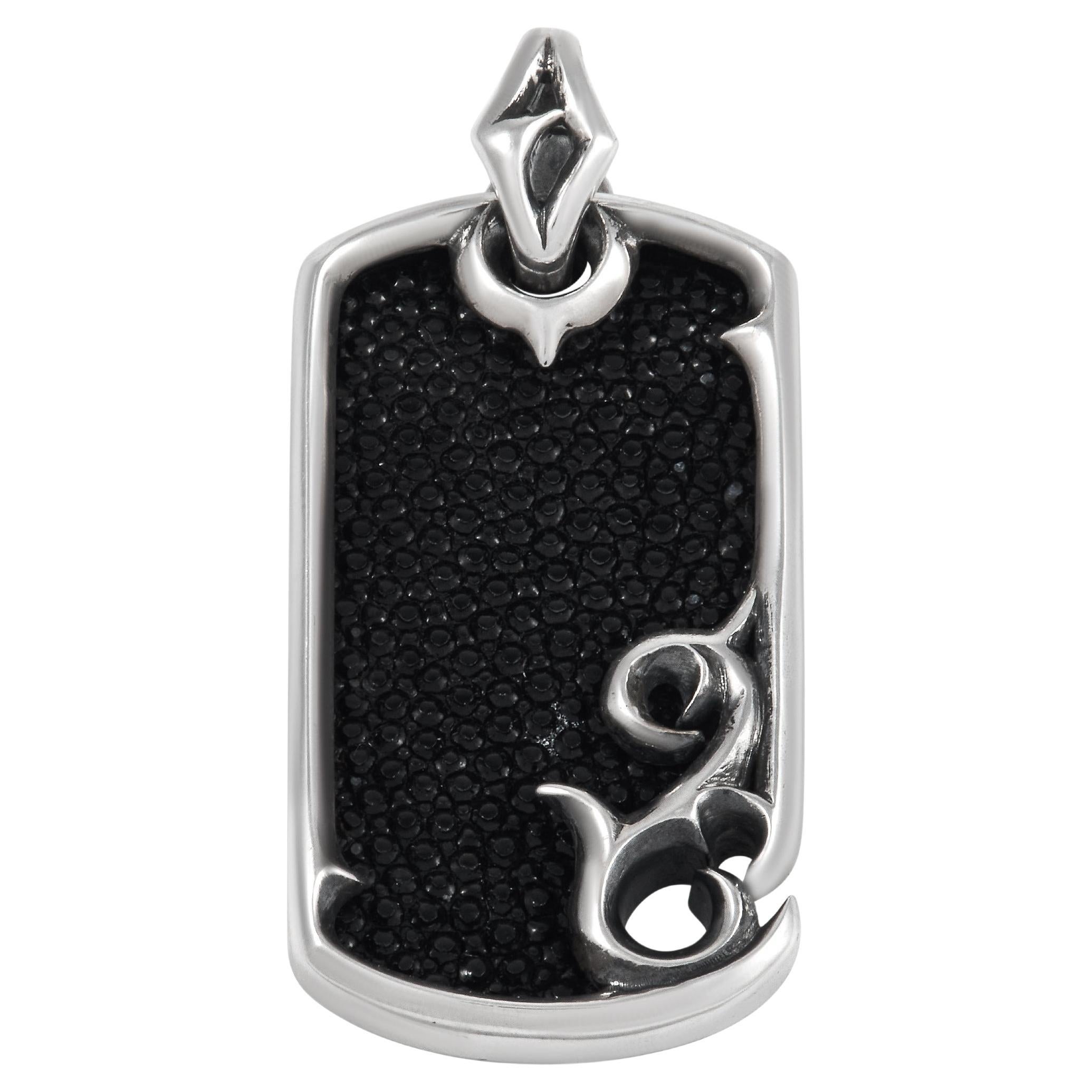 Stephen Webster Thorn Sterling Silver Black Enamel and Rayskin Leather Dog Tag 