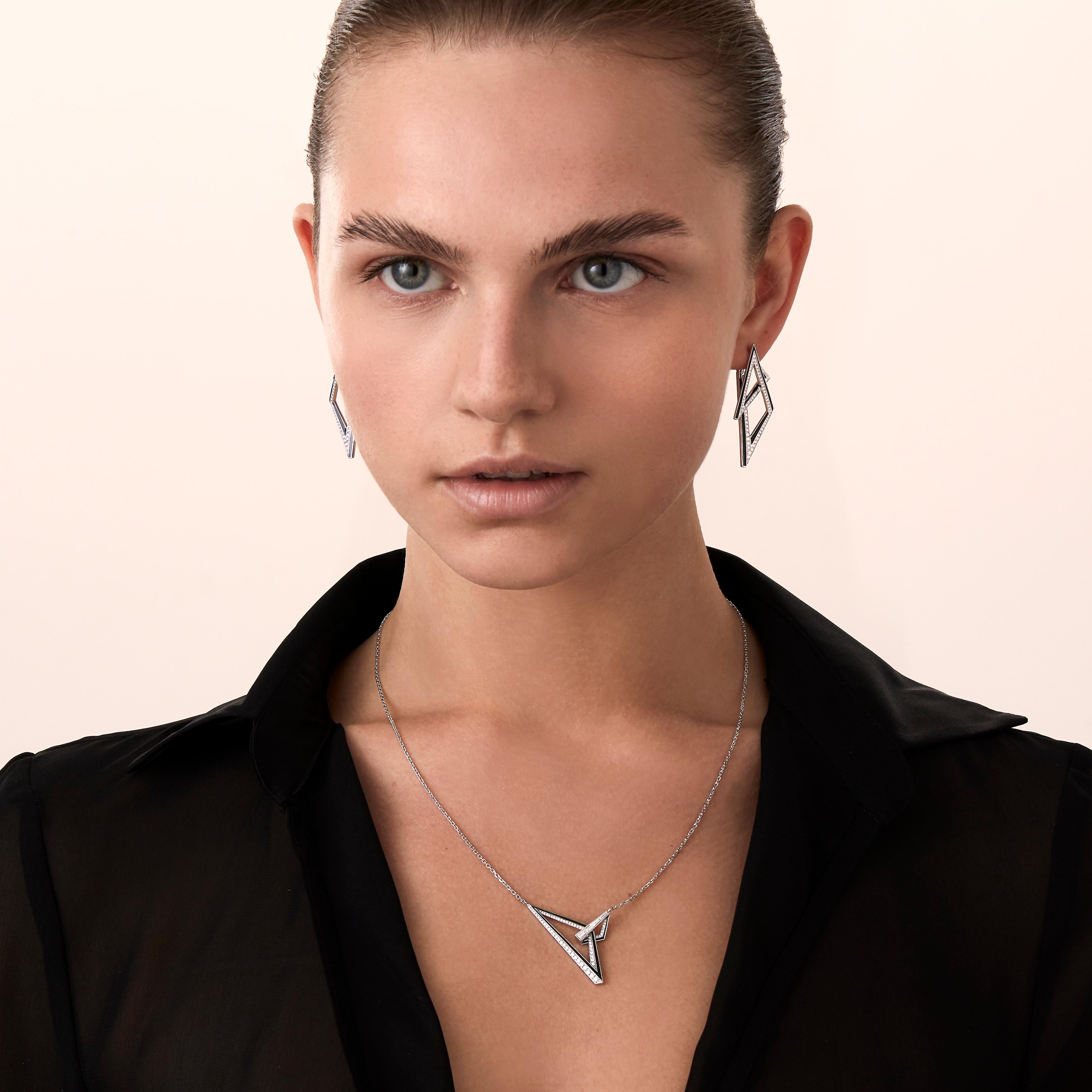 Modern and intriguing, Vertigo combines technology with tradition with mixed media materials of titanium and ceramic enamel, precious metals, diamonds and exotic baguette cut spinels. Vertigo is a collection of strong angular lines, bold colour and
