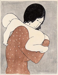 "Lady Holding a Baby" - Woodblock Print on Laid Rice Paper