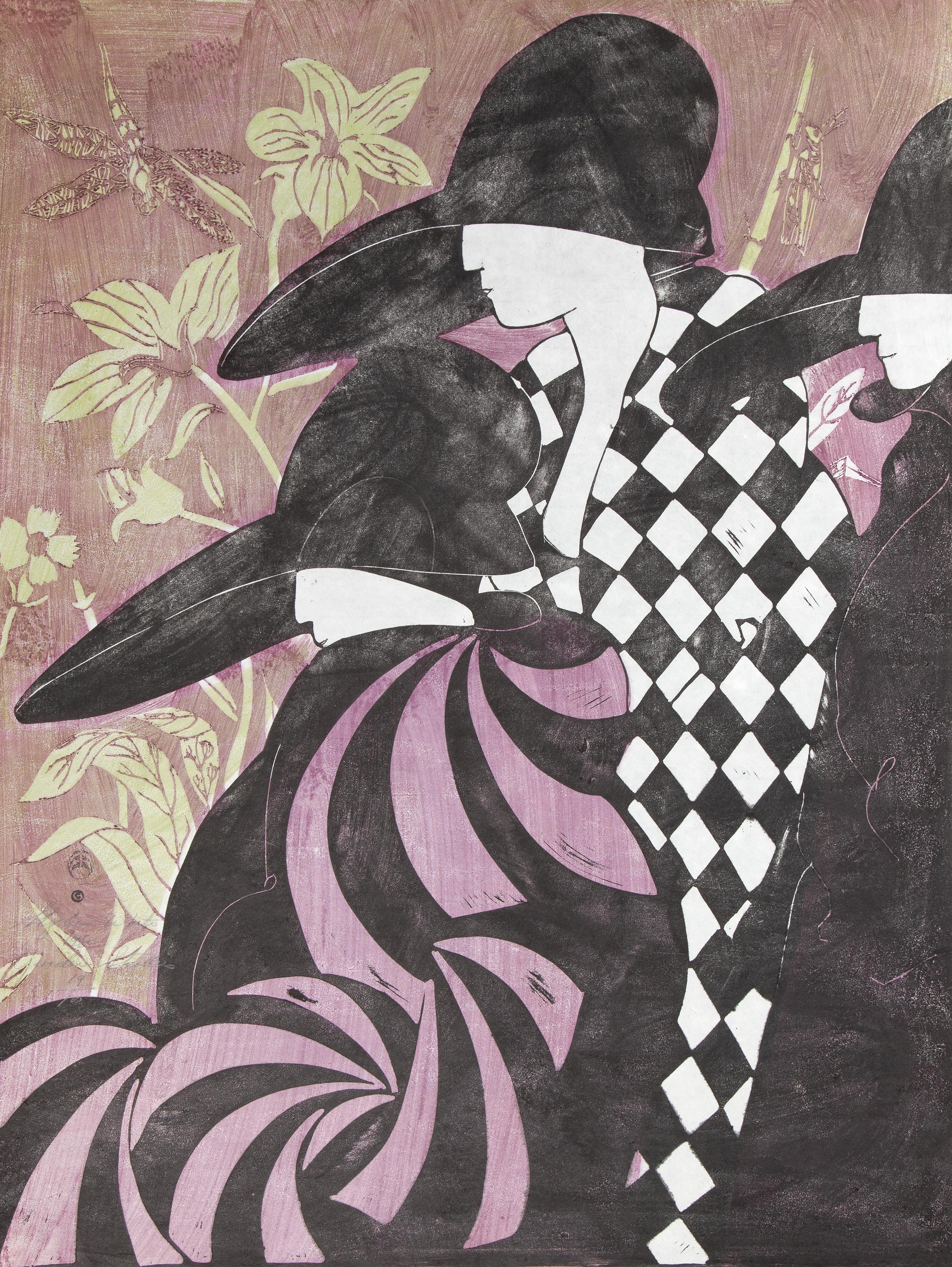 Stephen White - Garden Strollers, Year: 1980, Medium: Woodblock on Japon, signed, dated, titled and numbered in pencil, Edition: 19/100, Size: 32 x 24 in. (81.28 x 60.96 cm)