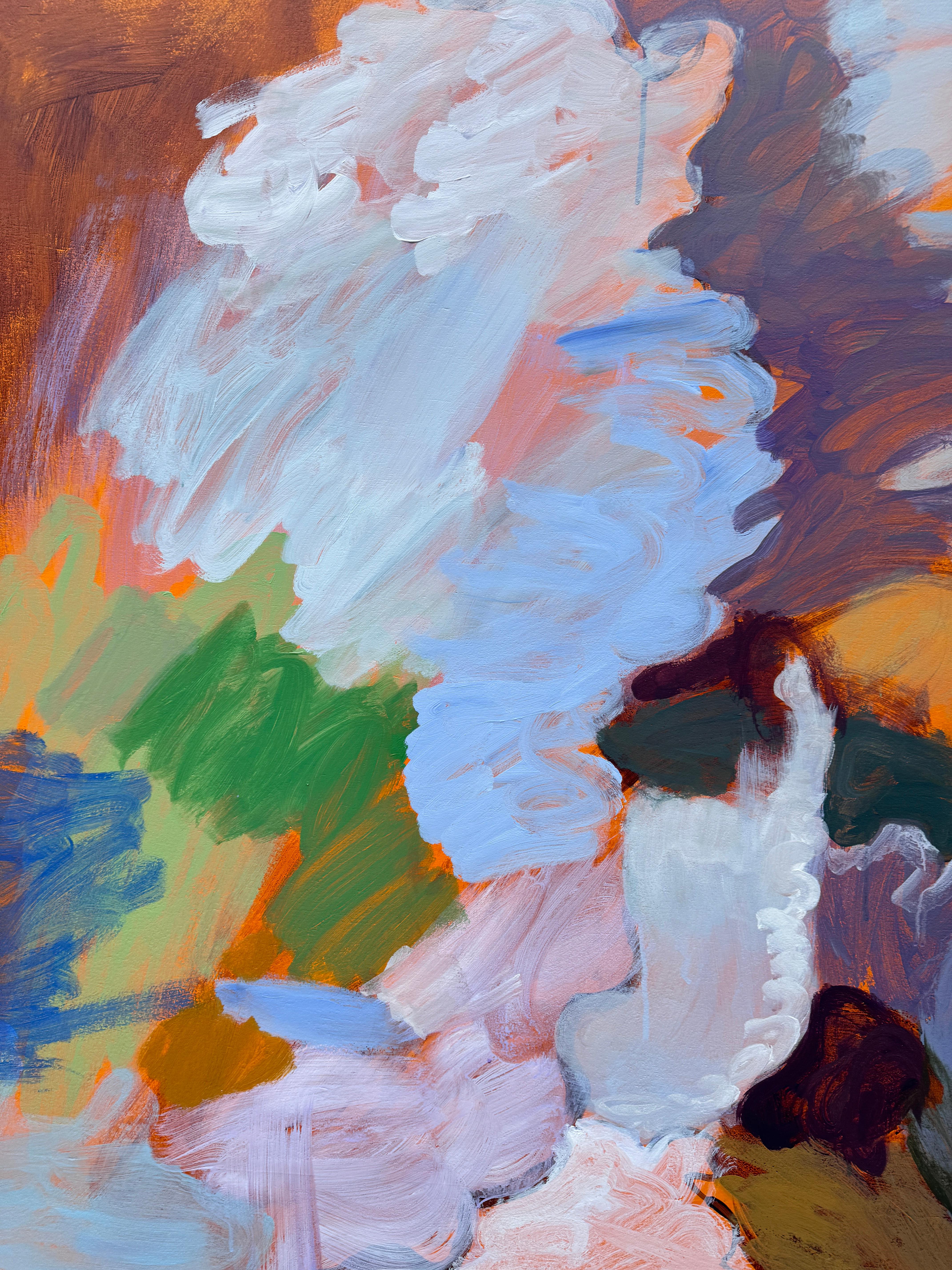 Die Odyssee des zeitgenössischen abstrakten Malers Stephen Wuensch. Dieses dynamische, großformatige Acrylgemälde strahlt mit einer energiegeladenen Verschmelzung von Farbe, Bewegung und Textur. Schichten aus leuchtenden Pastellfarben, tiefen