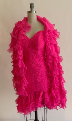 Stephen Yearick 1990s Bright Pink Ruffle Scarf and Strapless Dress