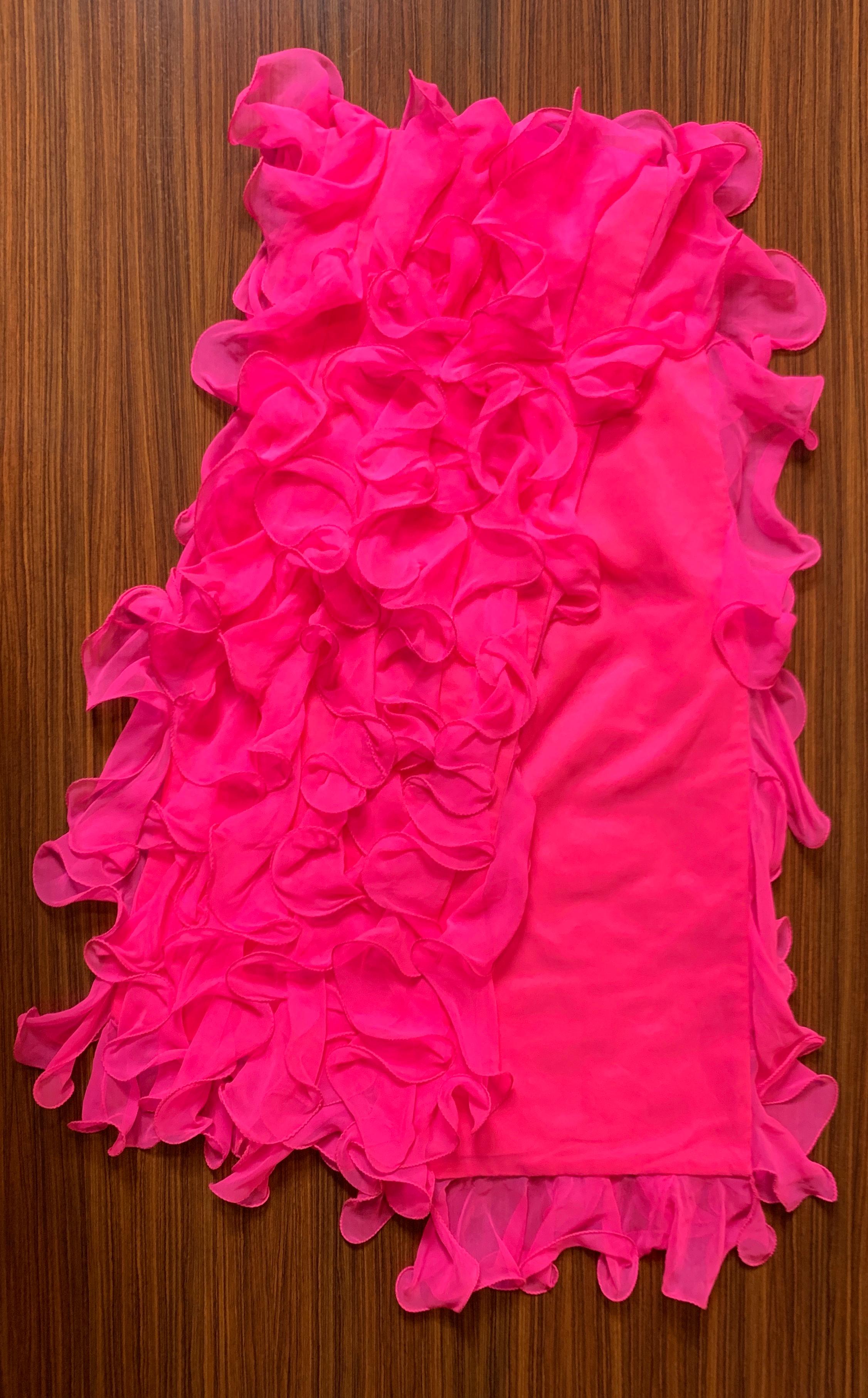 Women's Stephen Yearick 1990s Bright Pink Ruffle Scarf and Strapless Dress