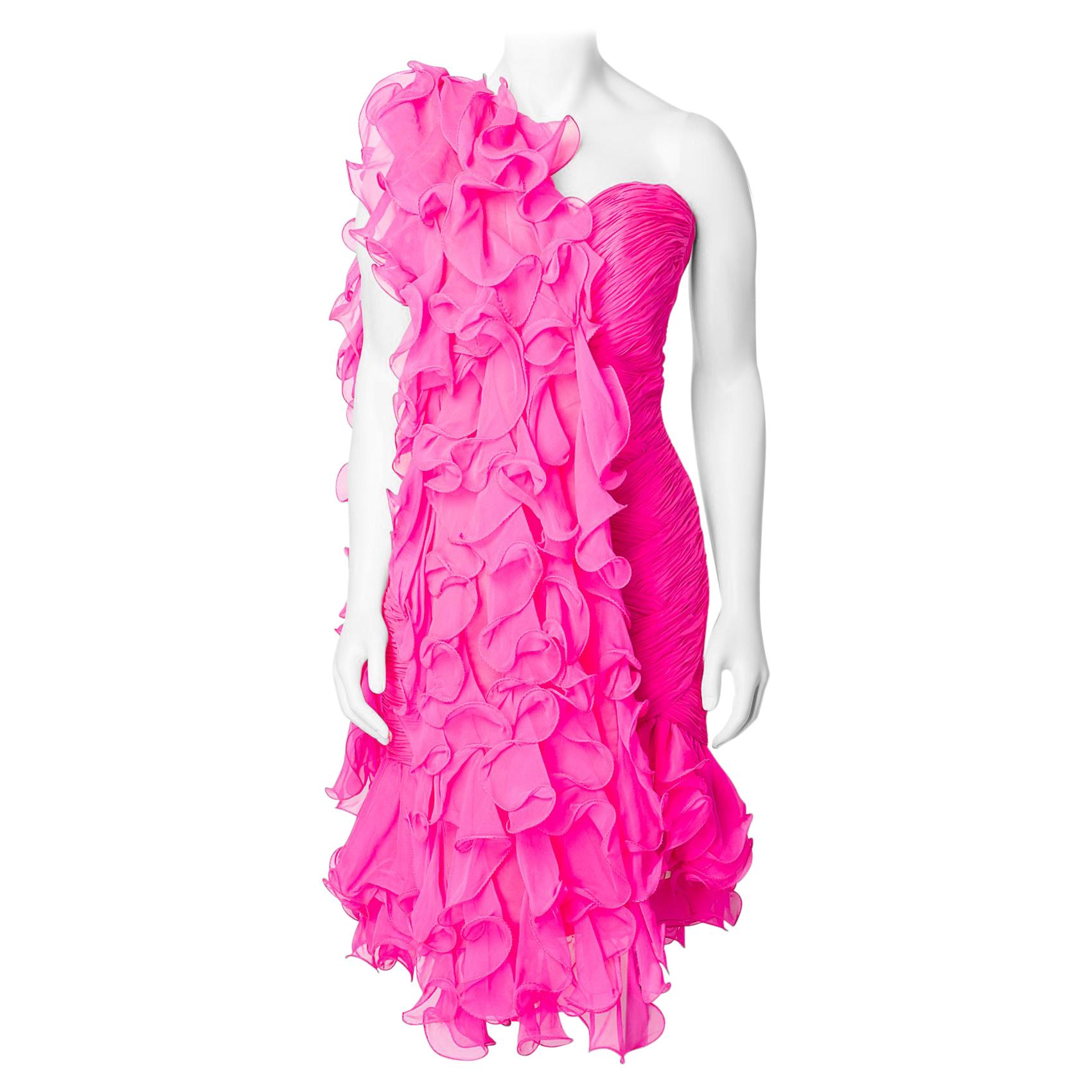 Stephen Yearick 1990s Bright Pink Ruffle Scarf and Strapless Dress
